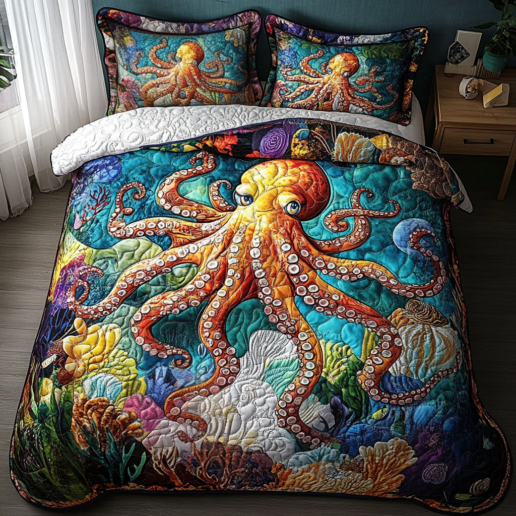 Ocean Embrace Quilted Bedding Set Cozy Bedroom Decor Gifts For Octopus Lovers