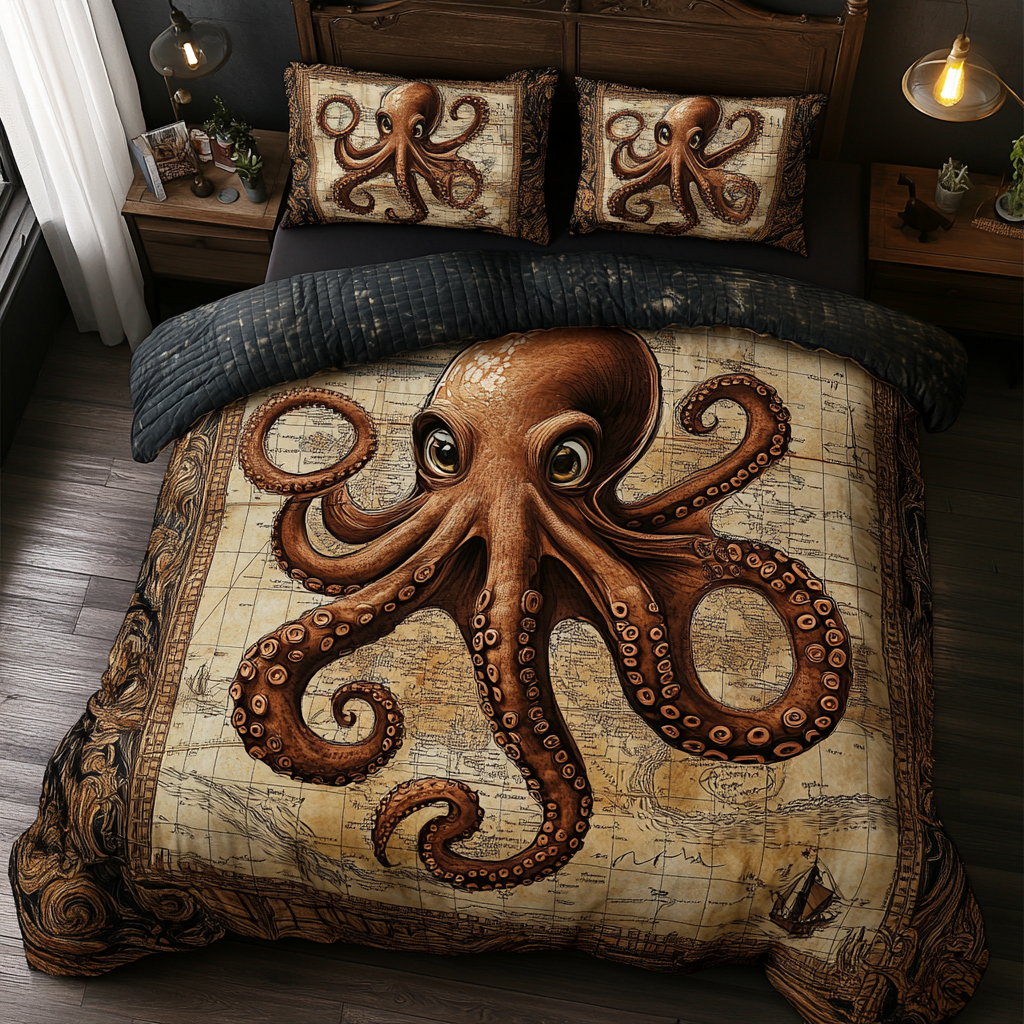 Ocean Explorer Quilted Bedding Set Bedroom Decor Octopus Gifts For Adults