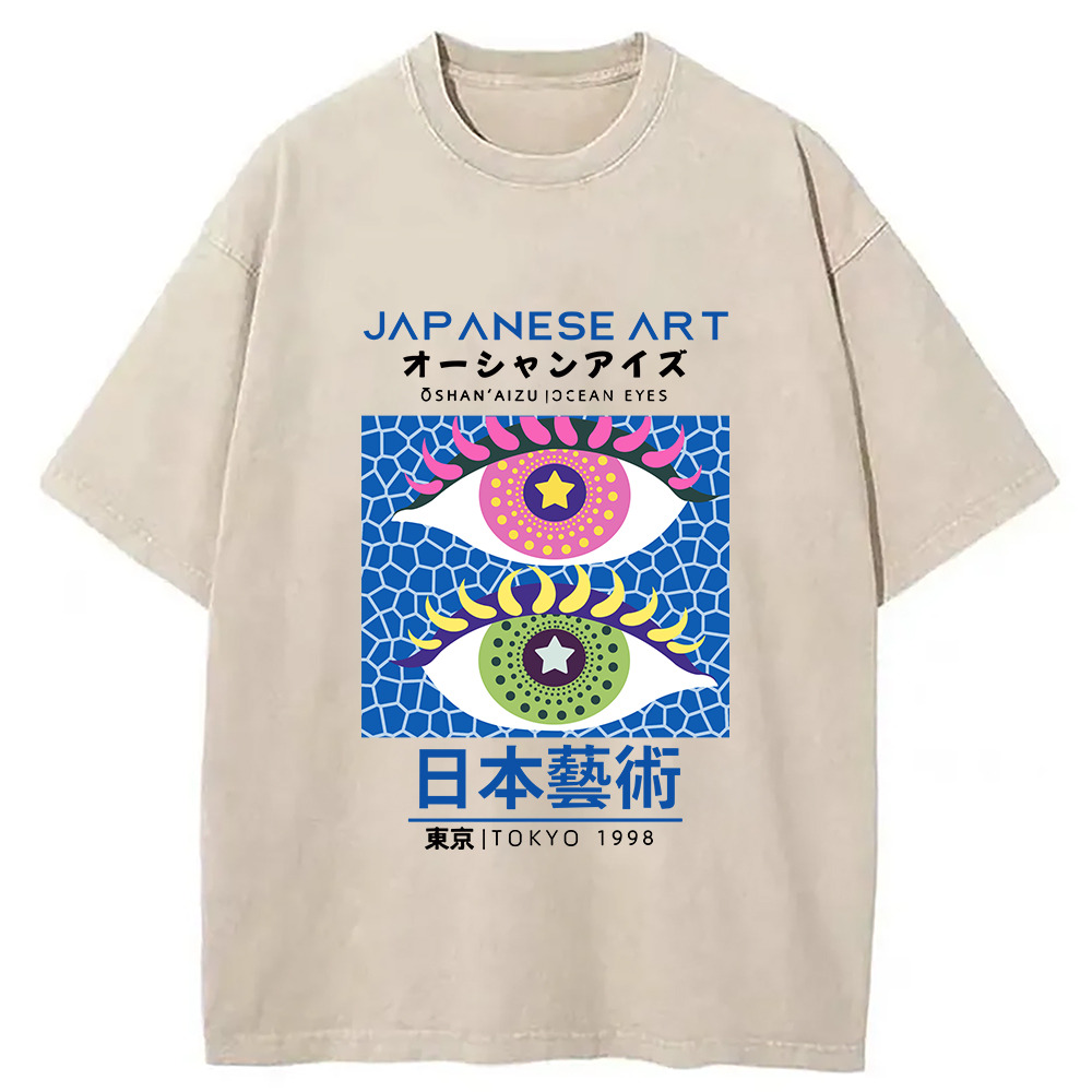 Ocean Eyes Japanese Art Washed T-Shirt Soft Comfortable Daily T Shirt Gifts For Friends