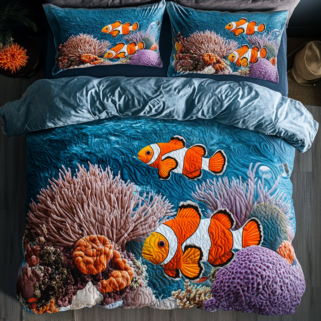 Ocean Fishes Quilted Bedding Set Bed Decorations Fishing Christmas Gifts
