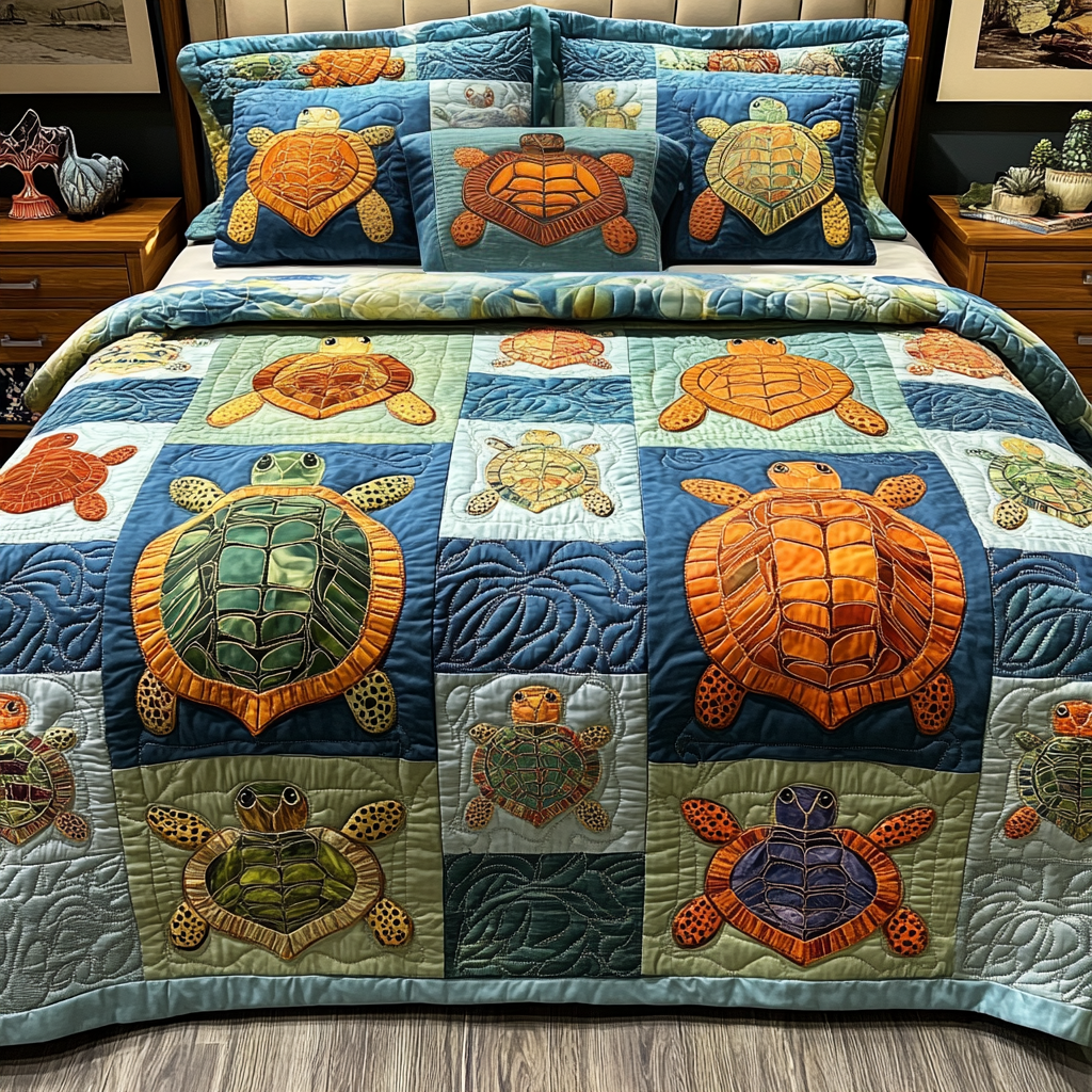 Ocean Friends Quilted Bedding Set Holiday Duvet Cover Set Sea Turtle Gifts For Her