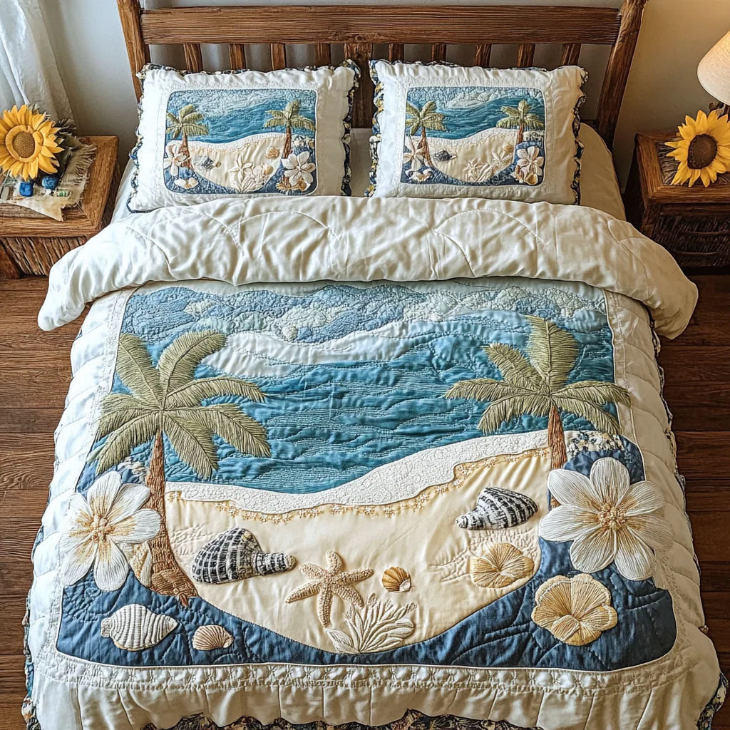 Ocean Garden Quilted Bedding Set Queen Size Comforter Beach Inspired Gift For Dad