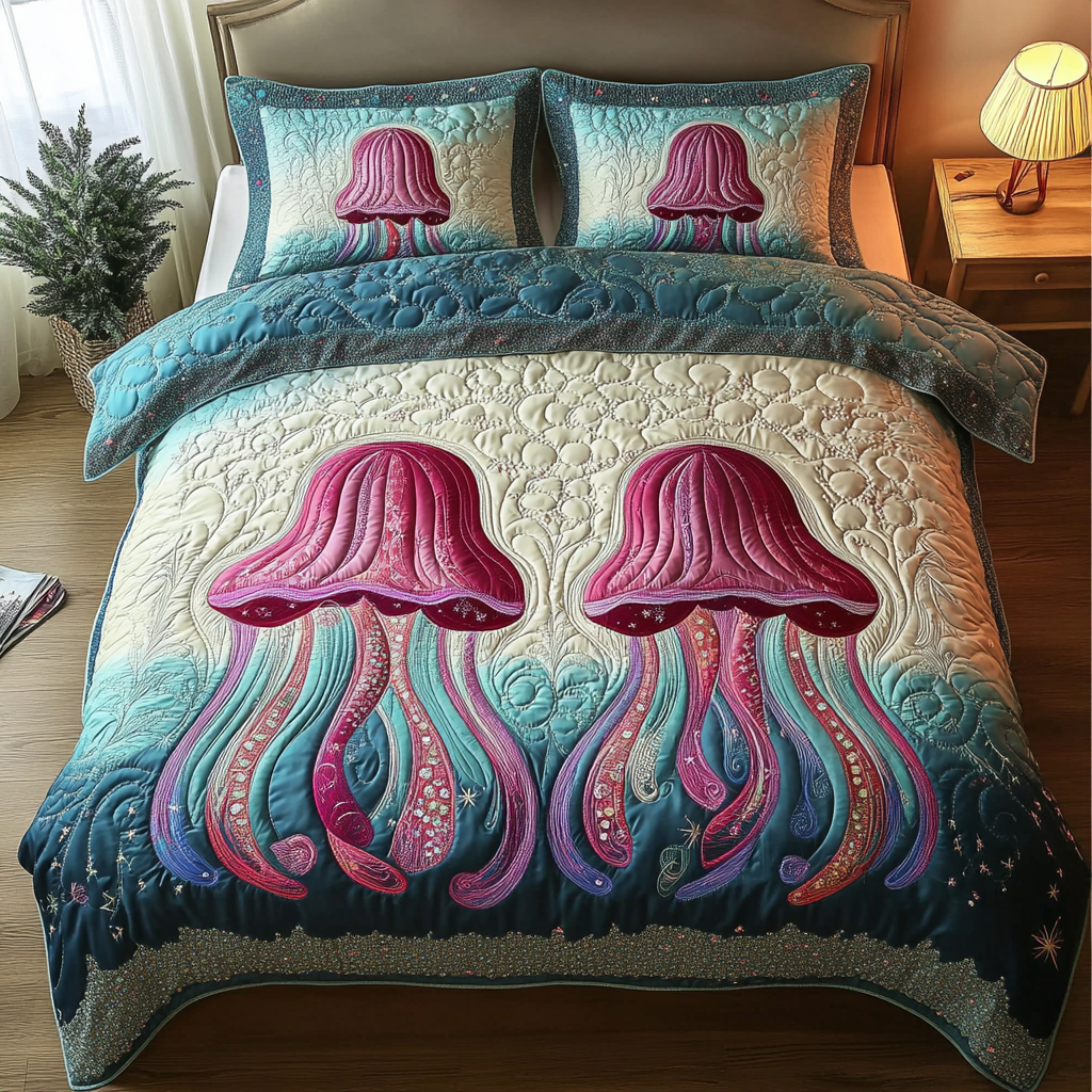 Ocean Glow Quilted Bedding Set Cozy Bedroom Decor Jellyfish Gifts