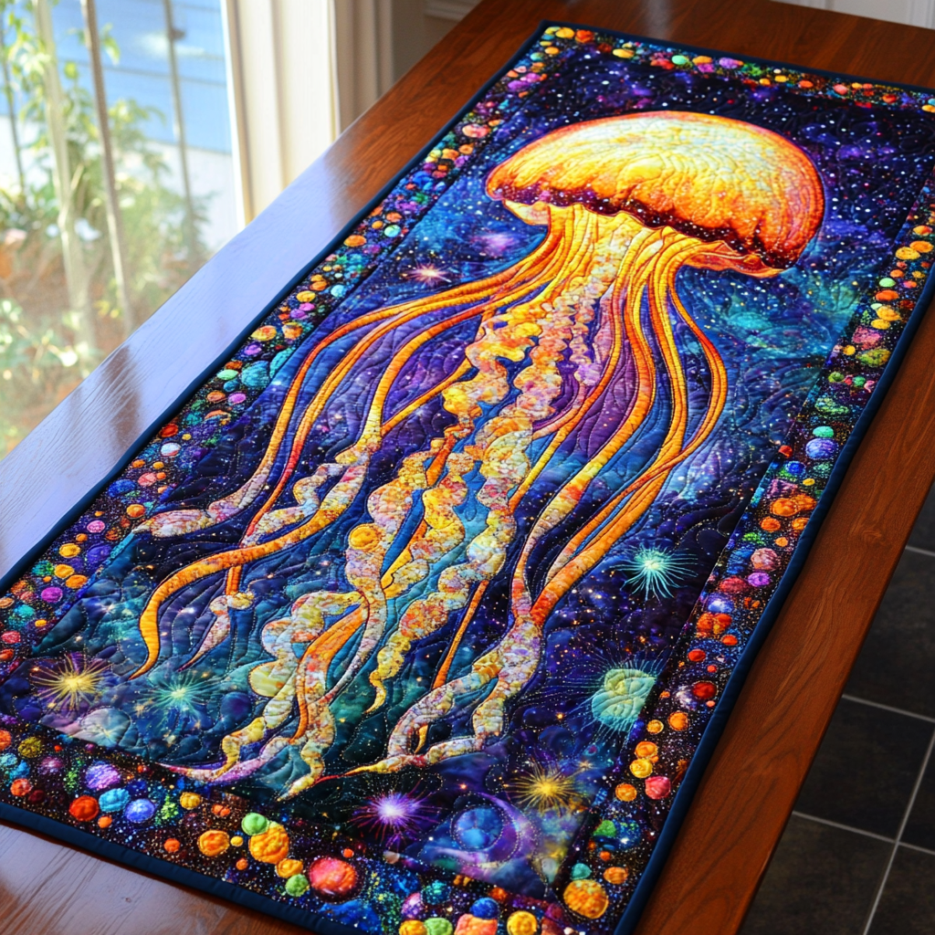 Ocean Glow Quilted Table Runner Dining Table Decor Jellyfish Xmas Gift