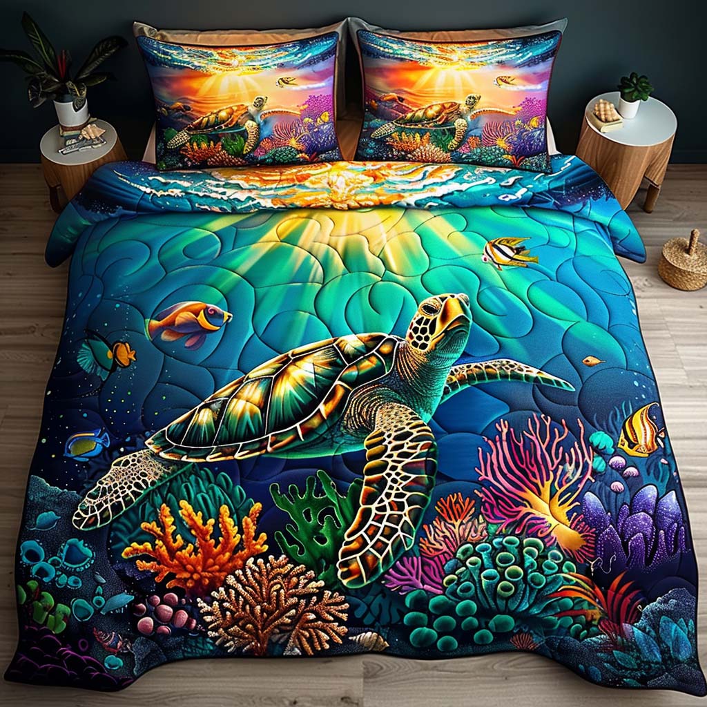 Ocean Glow Turtle Quilted Bedding Set Queen Size Quilt Beach Inspired Gift For Wife
