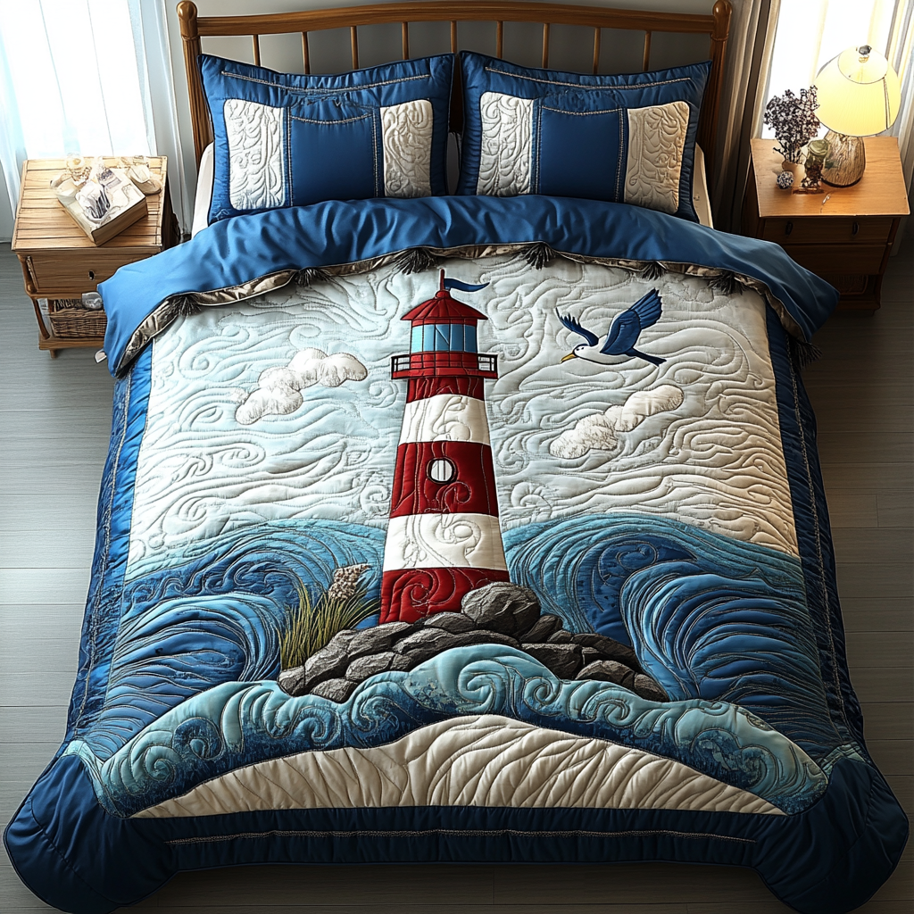 Ocean Guide Quilted Bedding Set Holiday Duvet Cover Set Gifts For Lighthouse Lovers