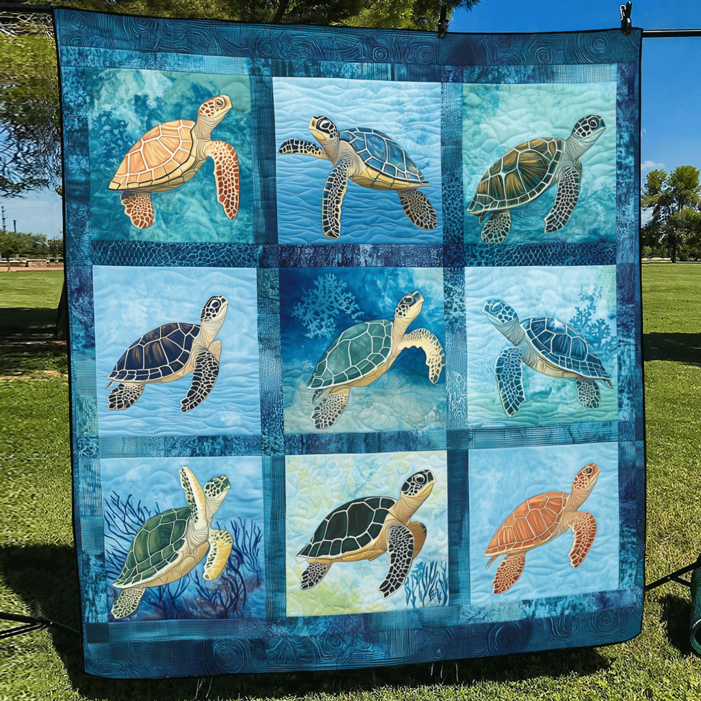 Ocean Harmony Quilted Blanket Gift For Turtle Lover
