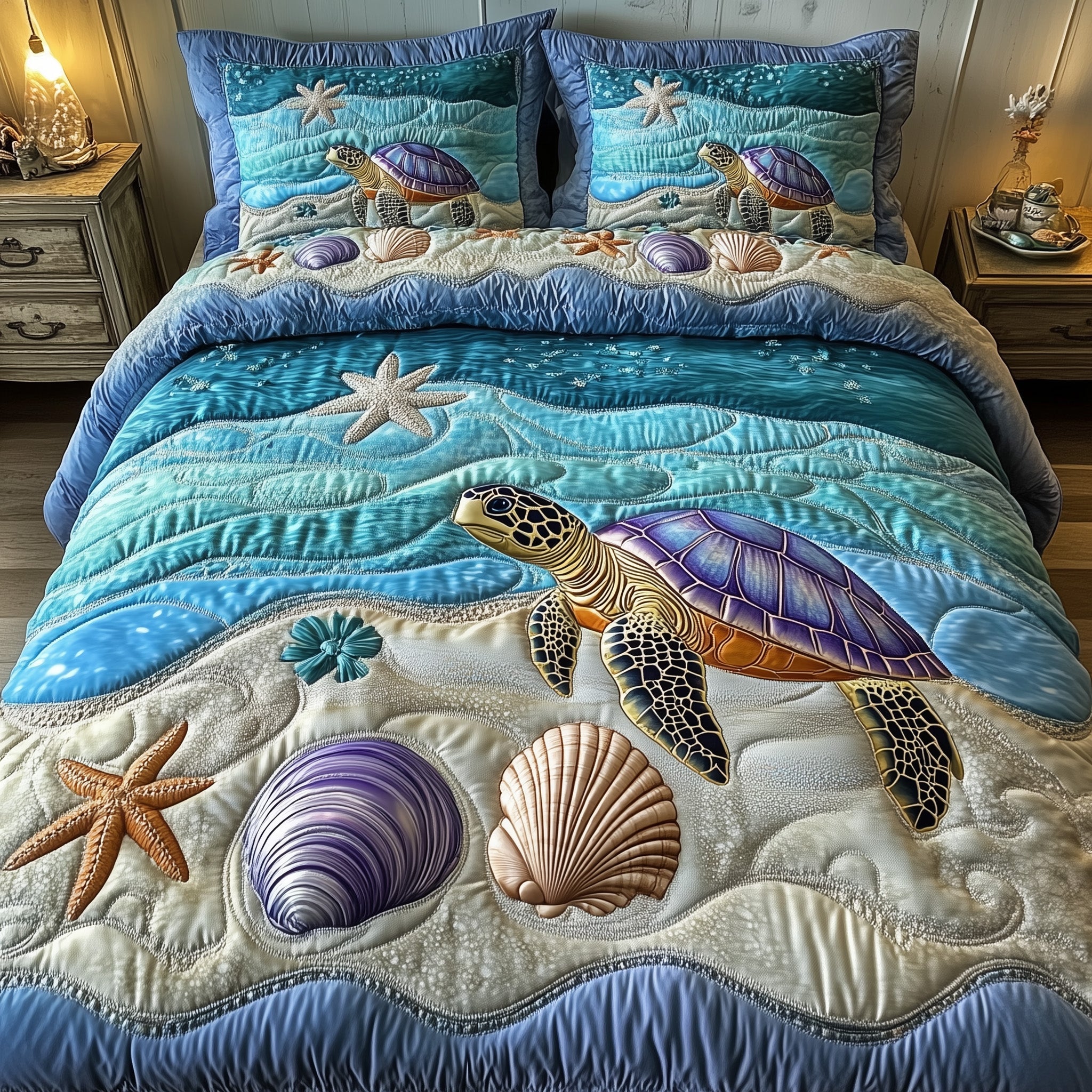 Ocean Journey Quilted Bedding Set Marine Life Illustration Turtle Lovers Bedding Gifts
