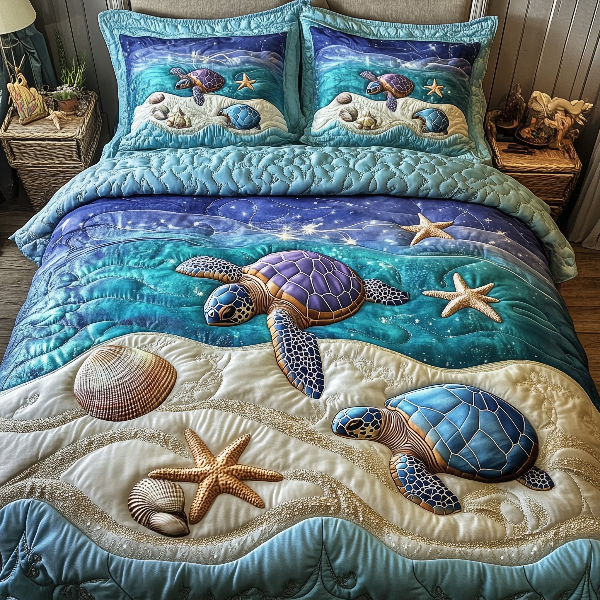 Ocean Journey Quilted Bedding Set Marine Life Illustration Unique Turtle Lovers Bedding Gifts