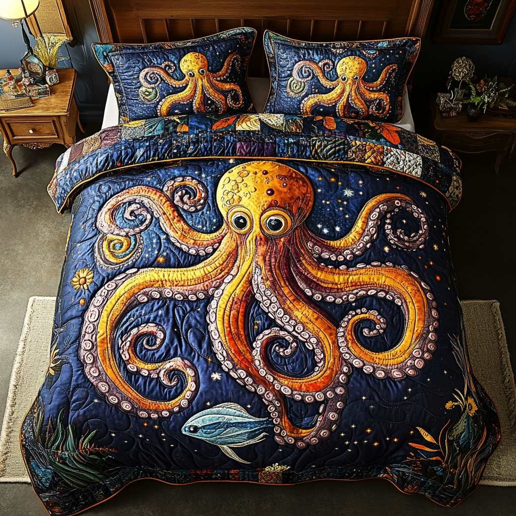 Ocean Octopus Quilted Bedding Set Best Bed Sheet Set Octopus Gifts For Him Her