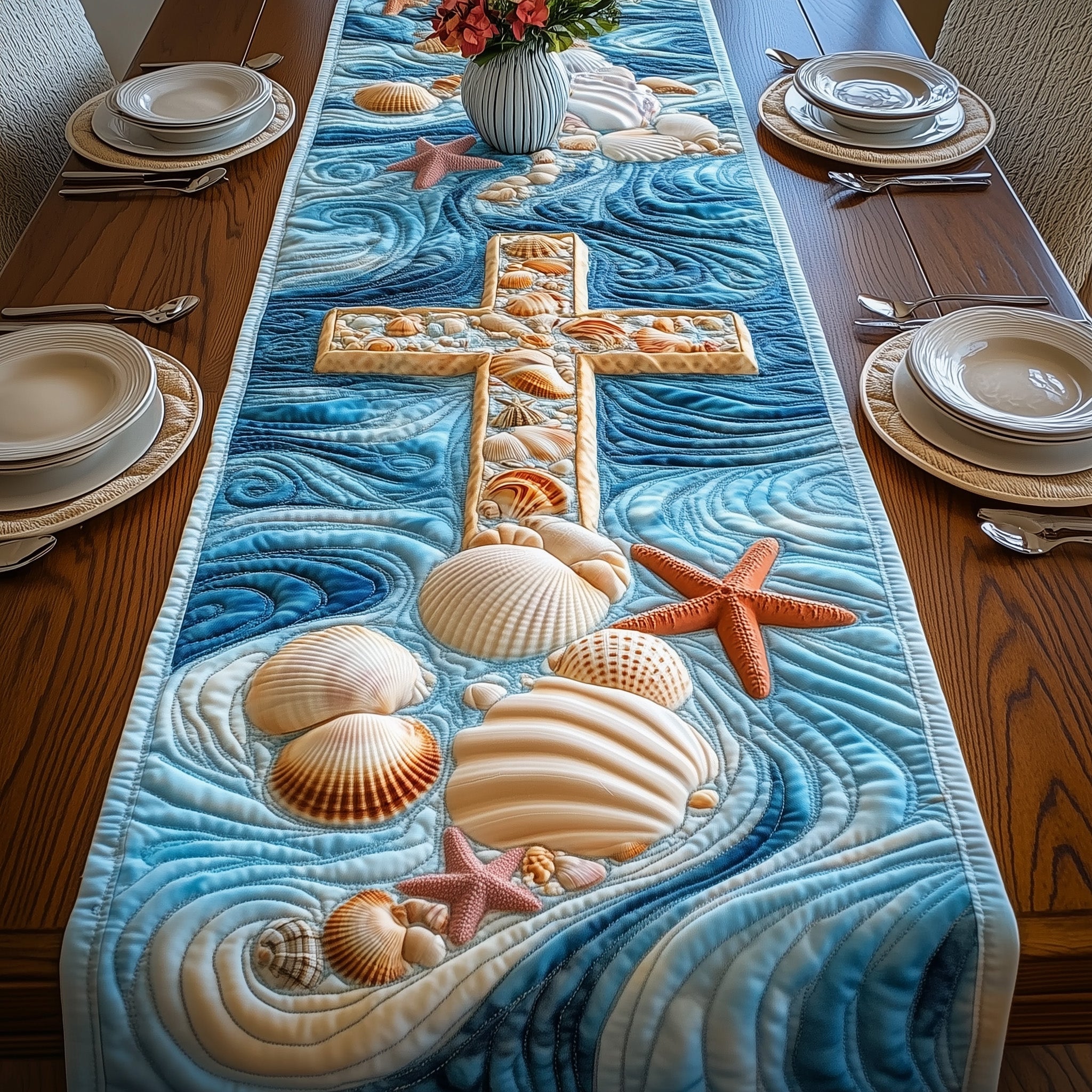 Ocean Of Faith Quilted Table Runner Holiday Table Runner for Kitchen Decor