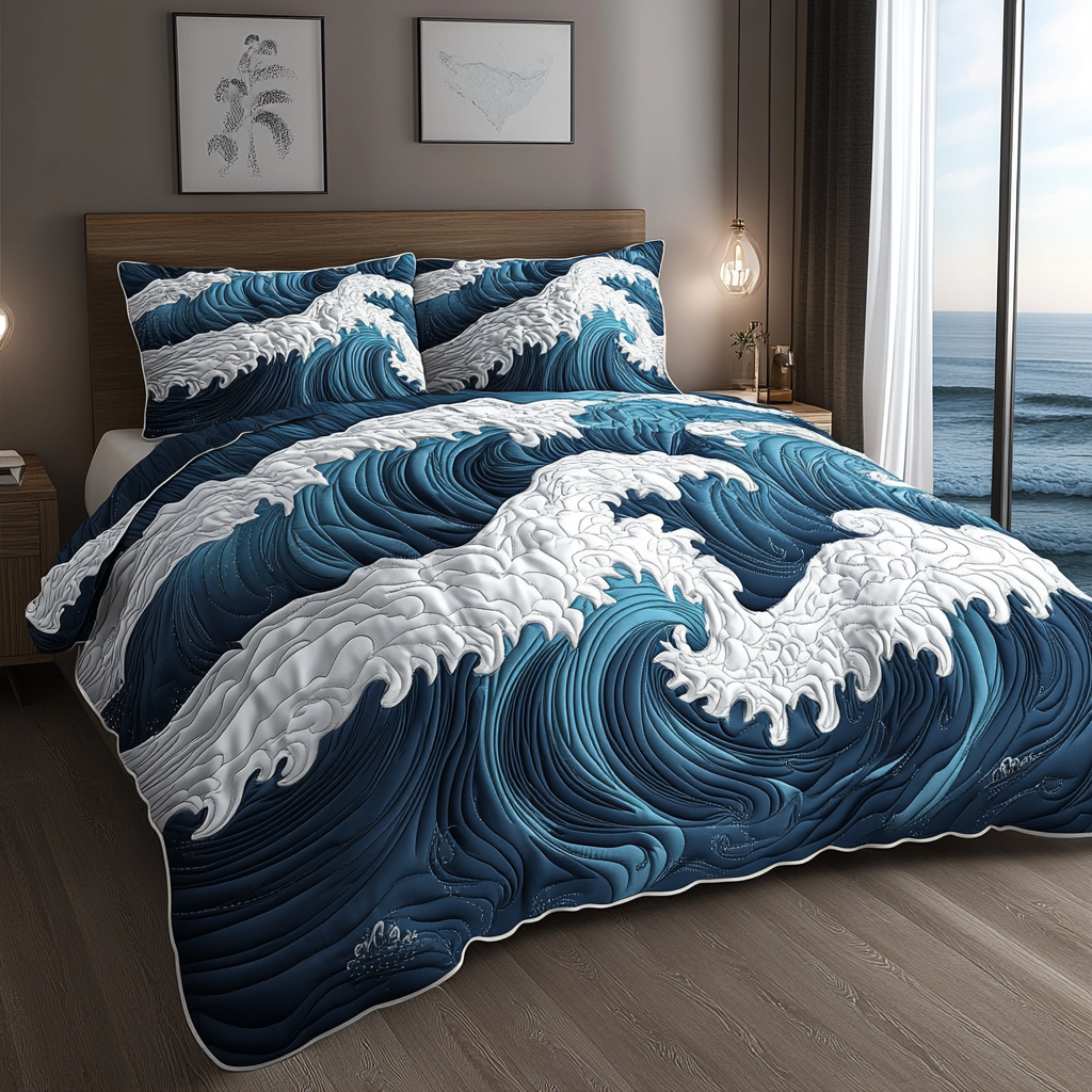 Ocean Rhythm Quilted Bedding Set Bedroom Decor Ideas Gifts For Surfer Boyfriend