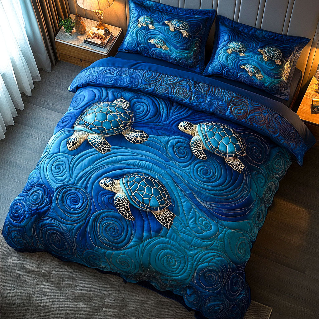 Ocean Shell Echo Quilted Bedding Set Cozy Bedroom Decor Gift Ideas For Sea Turtle Lovers