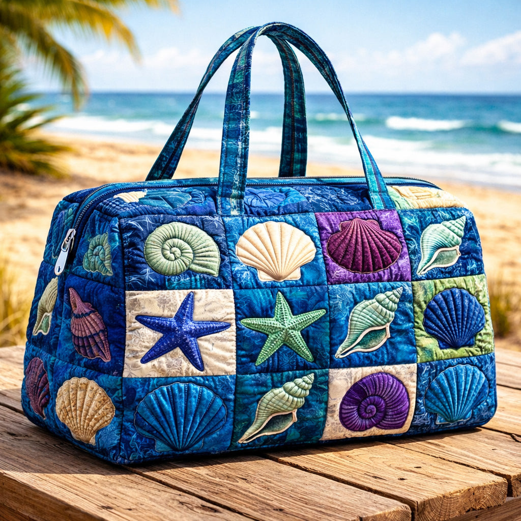 Ocean Shell Patchwork Quilted Duffle Bag Colorful Seashell Starfish Travel Bag Best Gift For Beach Lovers
