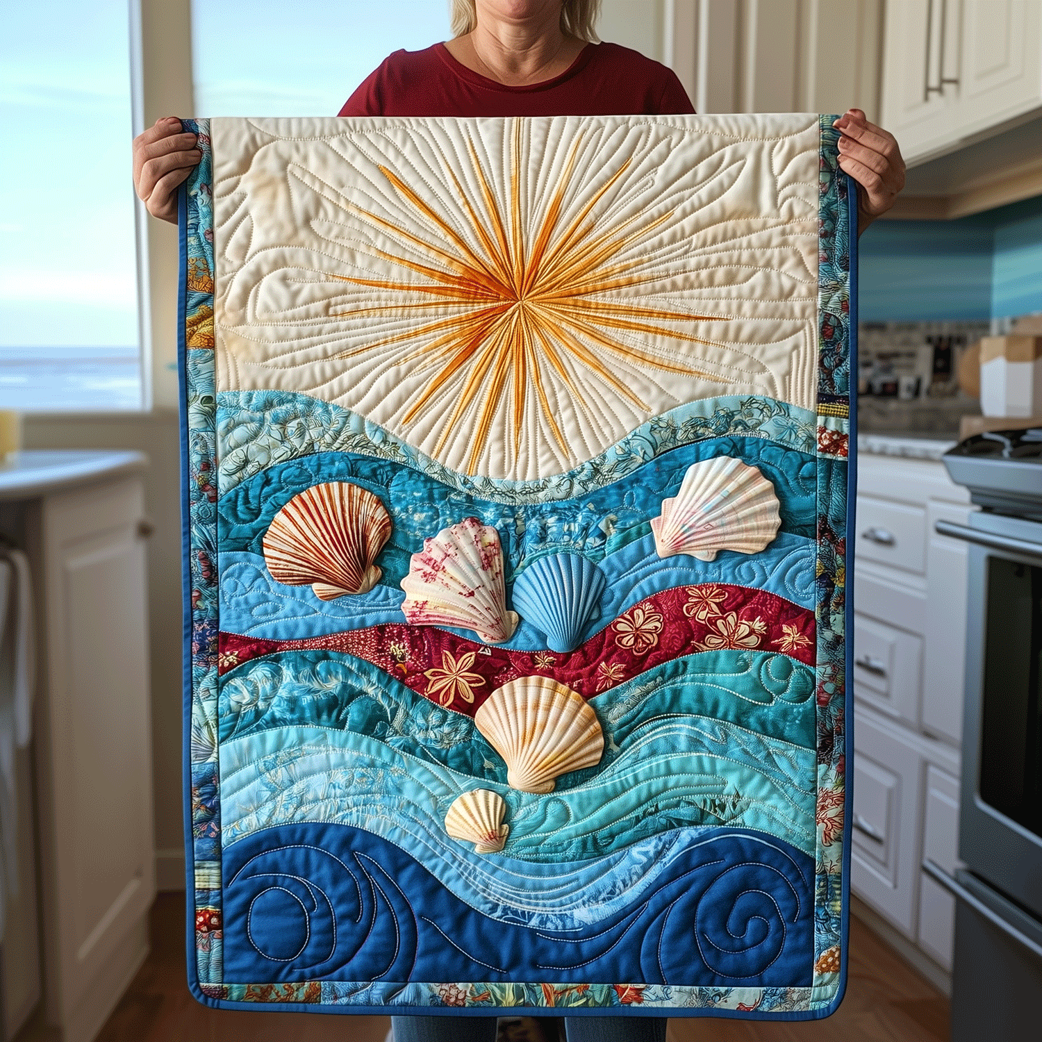 Ocean Shell Quilted Table Runner Beach Theme Table Runner Beach Housewarming Gifts
