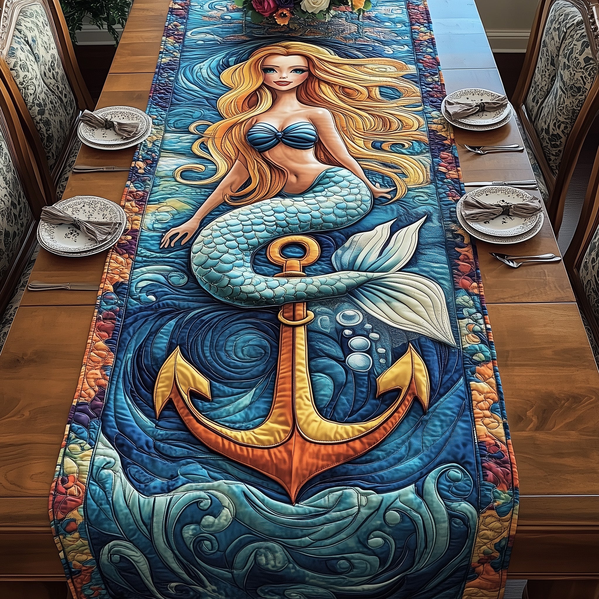 Ocean Soul Quilted Table Runner Holiday Dinner Table Runner