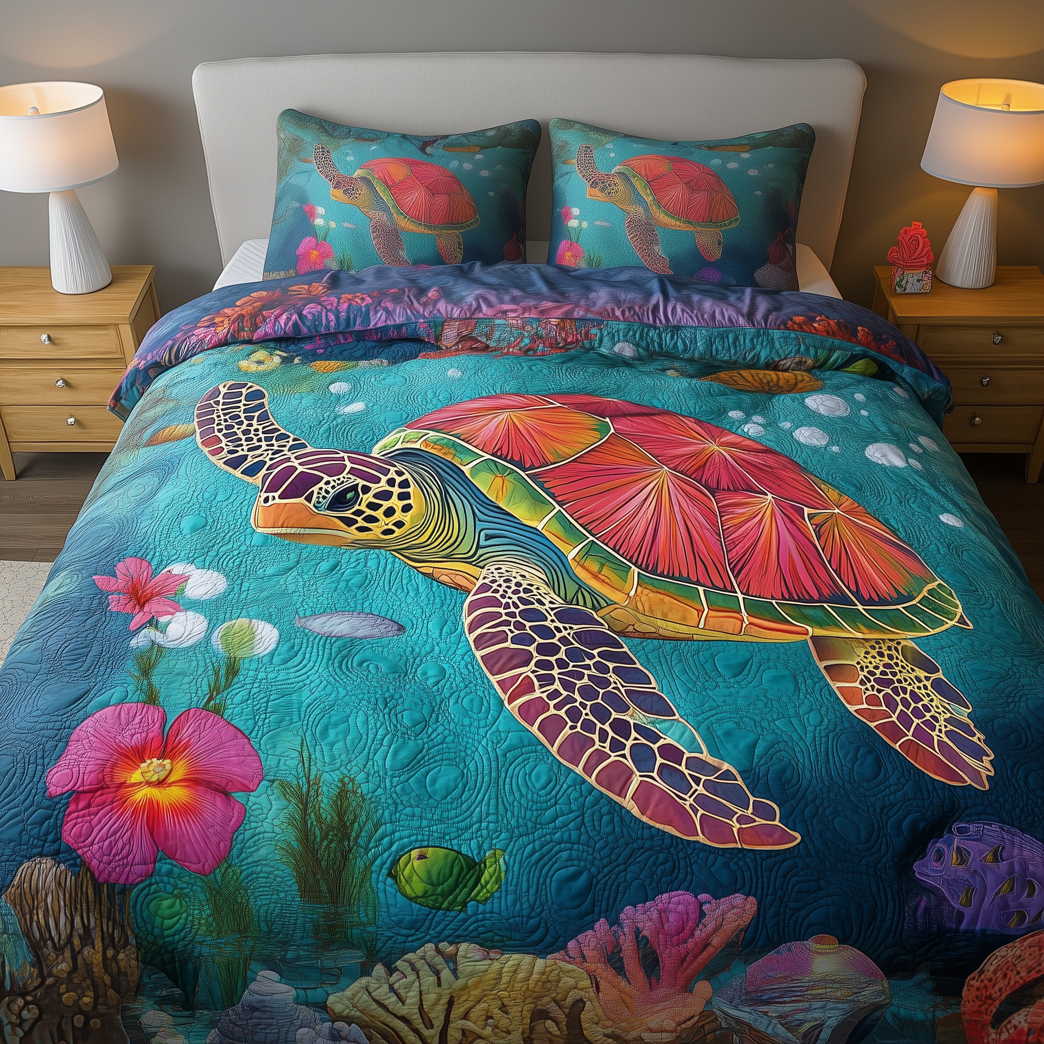 Ocean Turtle Quilted Bedding Set Christmas Bedding Set Top Christmas Gifts 2024