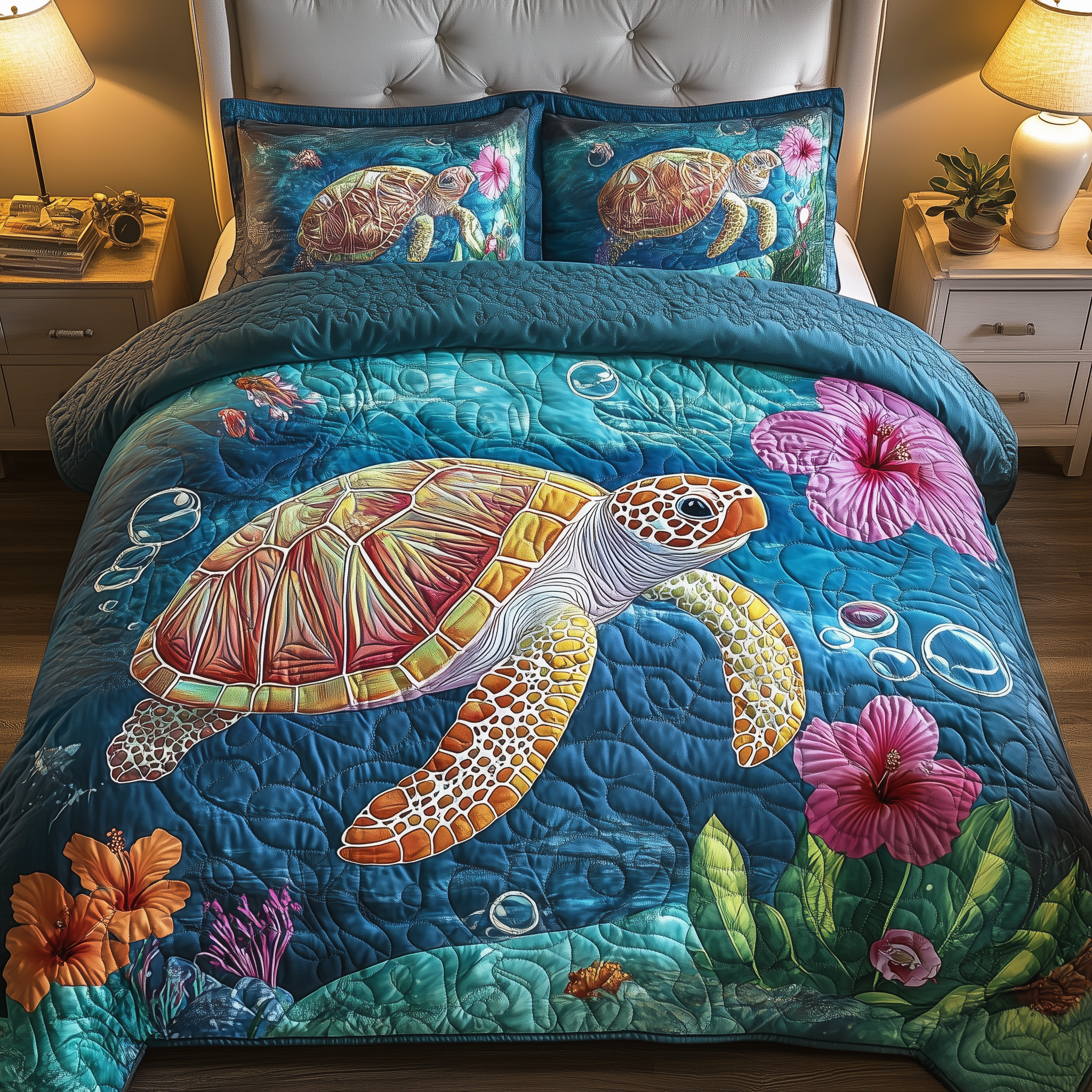 Ocean Turtle Quilted Bedding Set Christmas Bedding Set Top Christmas Gifts 2024 For Couples