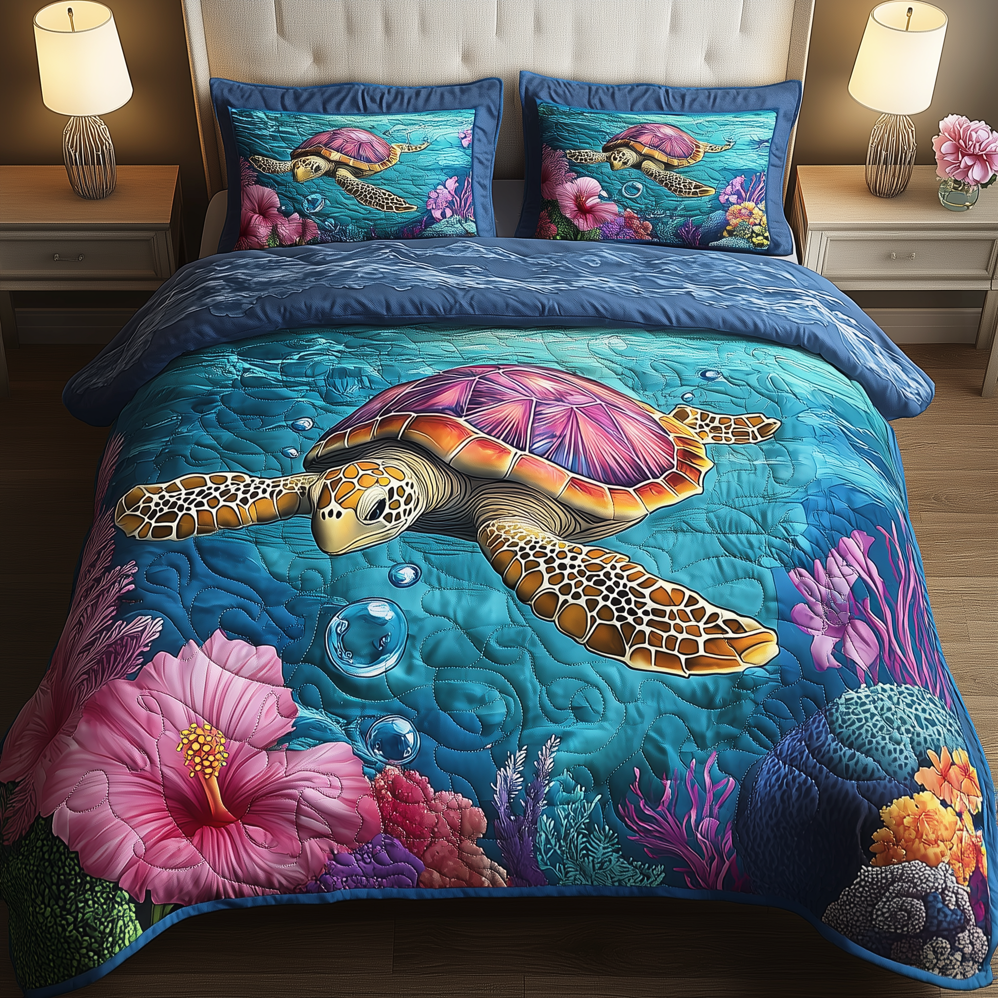 Ocean Turtle Quilted Bedding Set Christmas Bedding Set Top Christmas Gifts 2024 For Parents