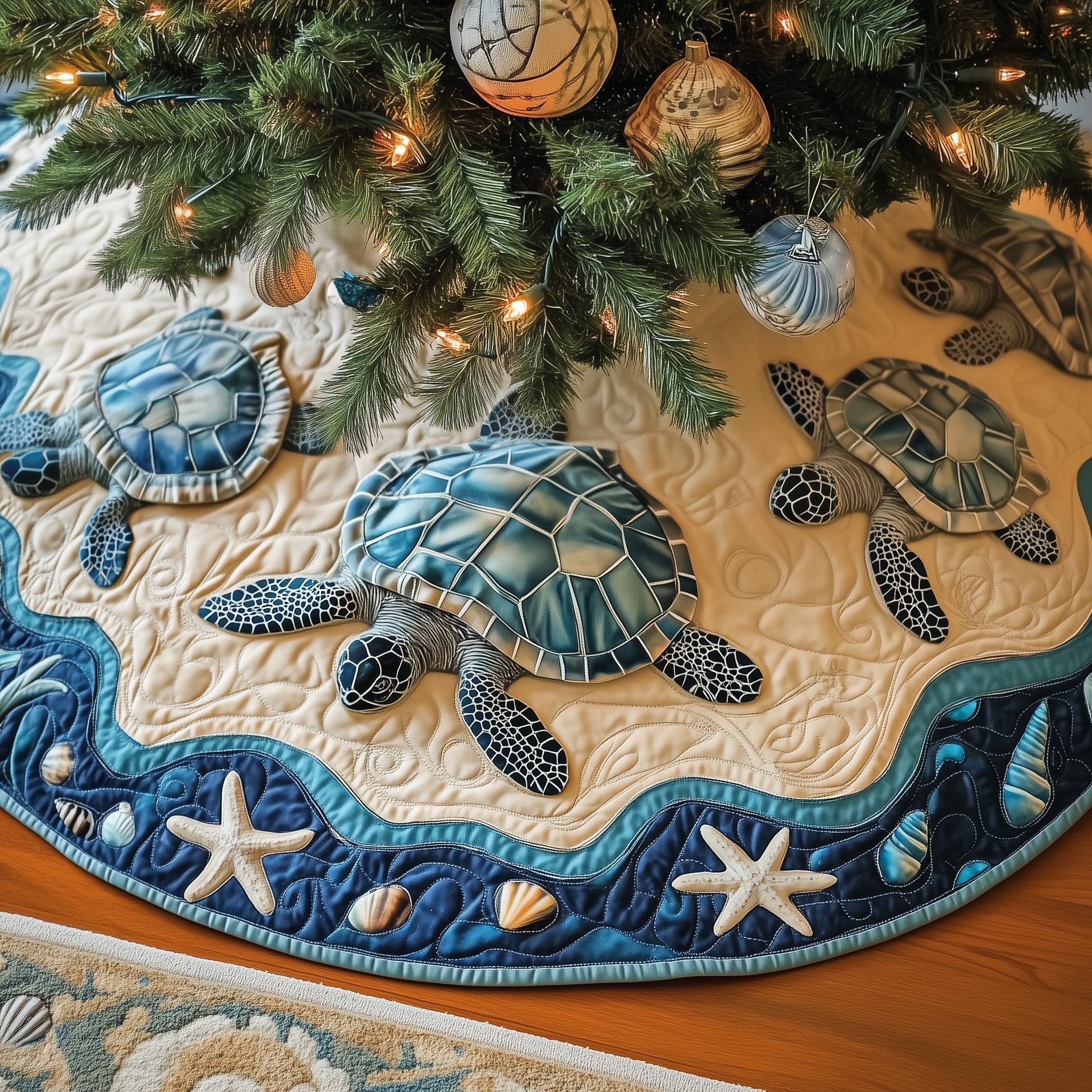 Ocean Turtle Quilted Tree Skirt Warm Gift Merch For Family