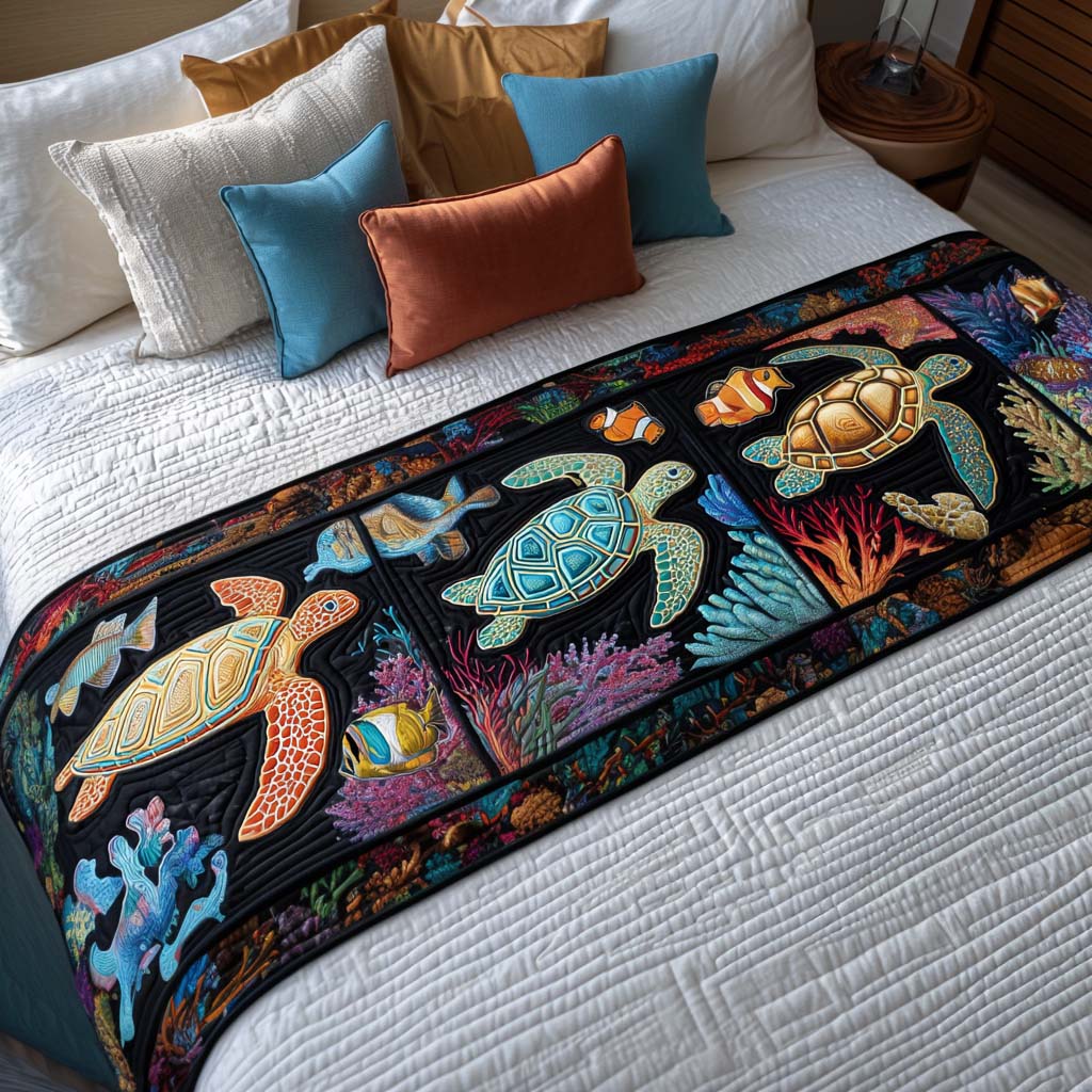 Ocean Turtle Waves Quilted Bed Runner Bedroom Decor Sea Turtle Gift Ideas For Her