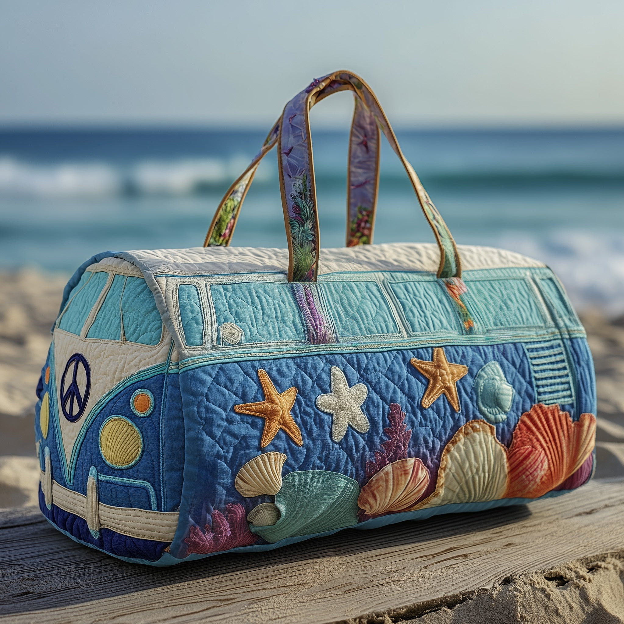 Ocean Van Quilted Duffle Bag Blue Seashell Starfish Boho Beach Lover Best Gift Ideas