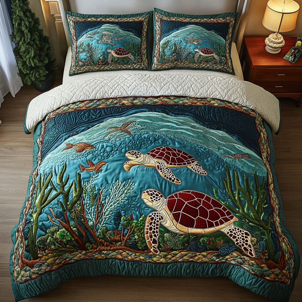 Ocean Wanderer Quilt Bedding Set Ocean Duvet Covers Best Gift for Turtle Lovers