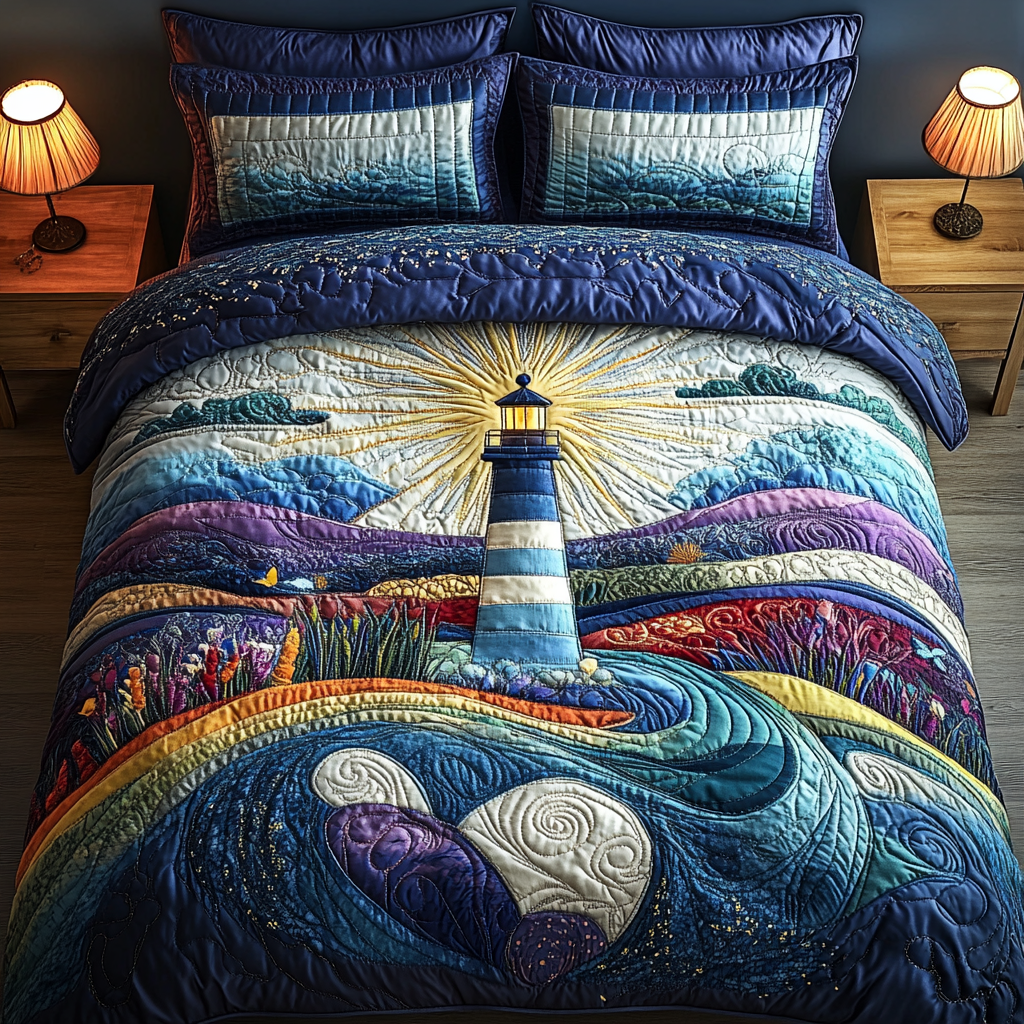 Ocean Watch Quilted Bedding Set Holiday Duvet Cover Set Lighthouse Gift Ideas For Her