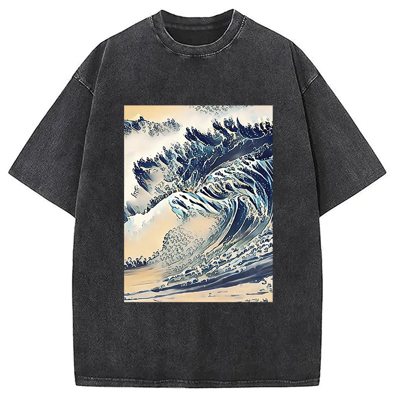 Ocean Wave In Stylized Motion Washed T-Shirt Retro Streetwear Graphic Top Gifts For Her Ocean Wave In Stylized Motion Washed T-Shirt Retro Streetwear Graphic Top Gifts For Her