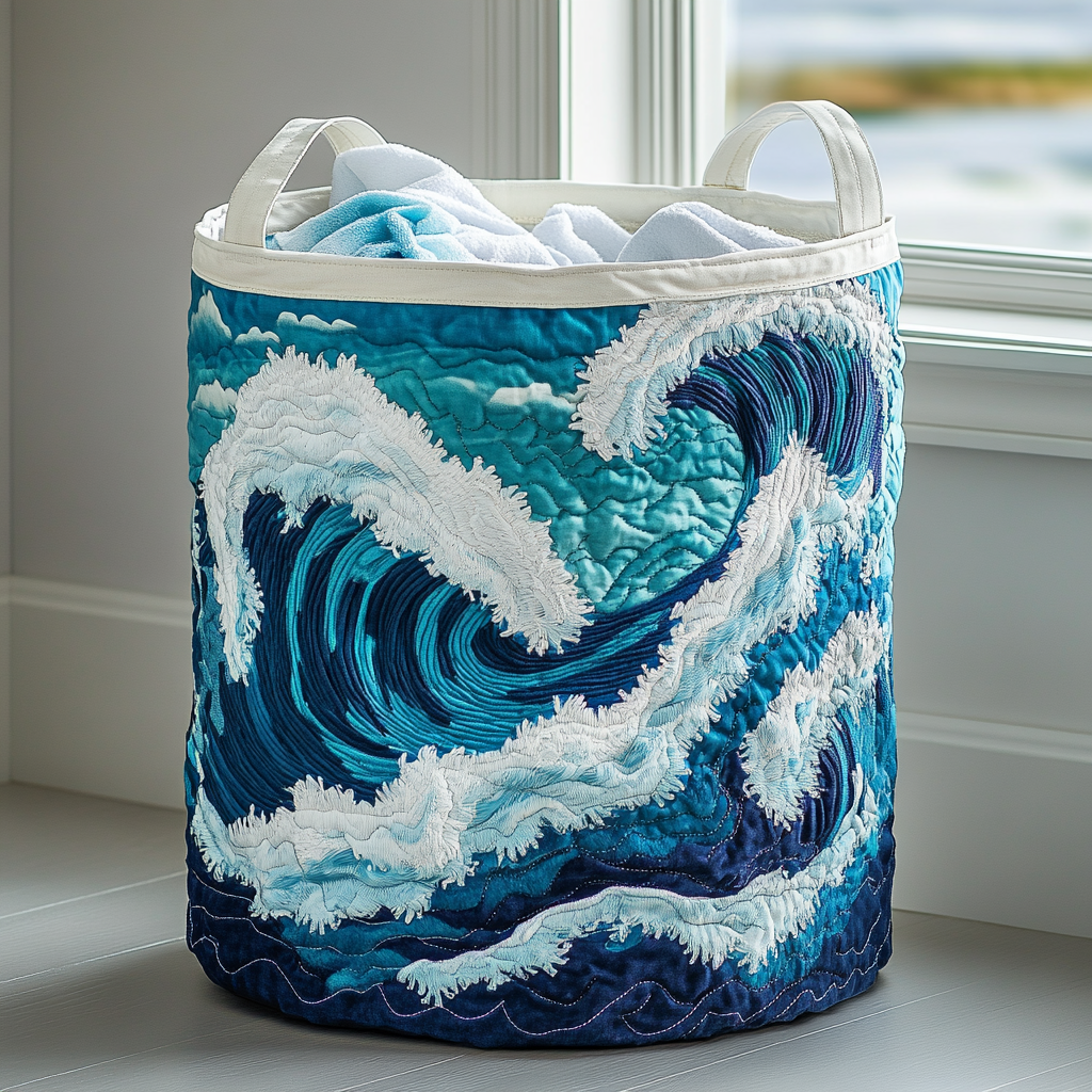 Ocean Wave Quilted Laundry Basket Merch For Cozy Nights
