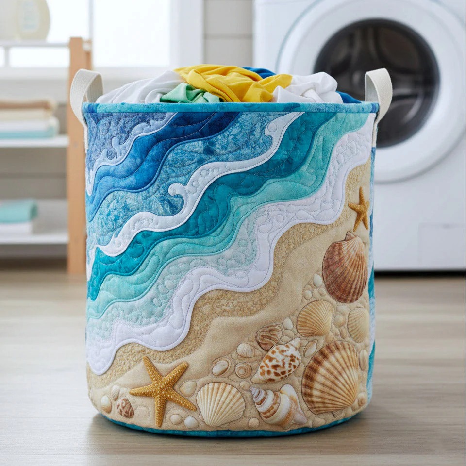 Ocean Wave Seashell Beach Quilted Laundry Basket Coastal Beach Home Decor Gift For Beach Lovers