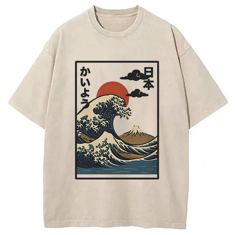 Ocean Wave Sun Japan Washed T-Shirt Cool Graphic Tee For Men Women Gifts For Besties