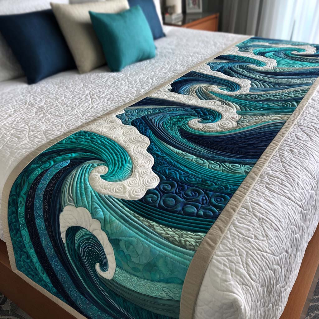 Ocean Waves Quilted Bed Runner Bed Decor Ideas Ocean Themed Christmas Gifts