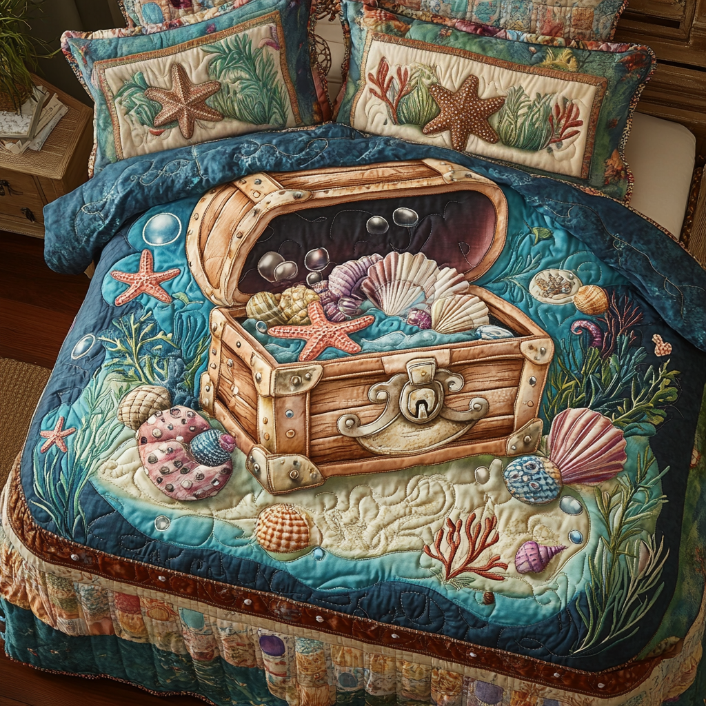 Ocean Waves Quilted Bedding Set Starfish Bedspread Set Best Gifts For Ocean Lovers