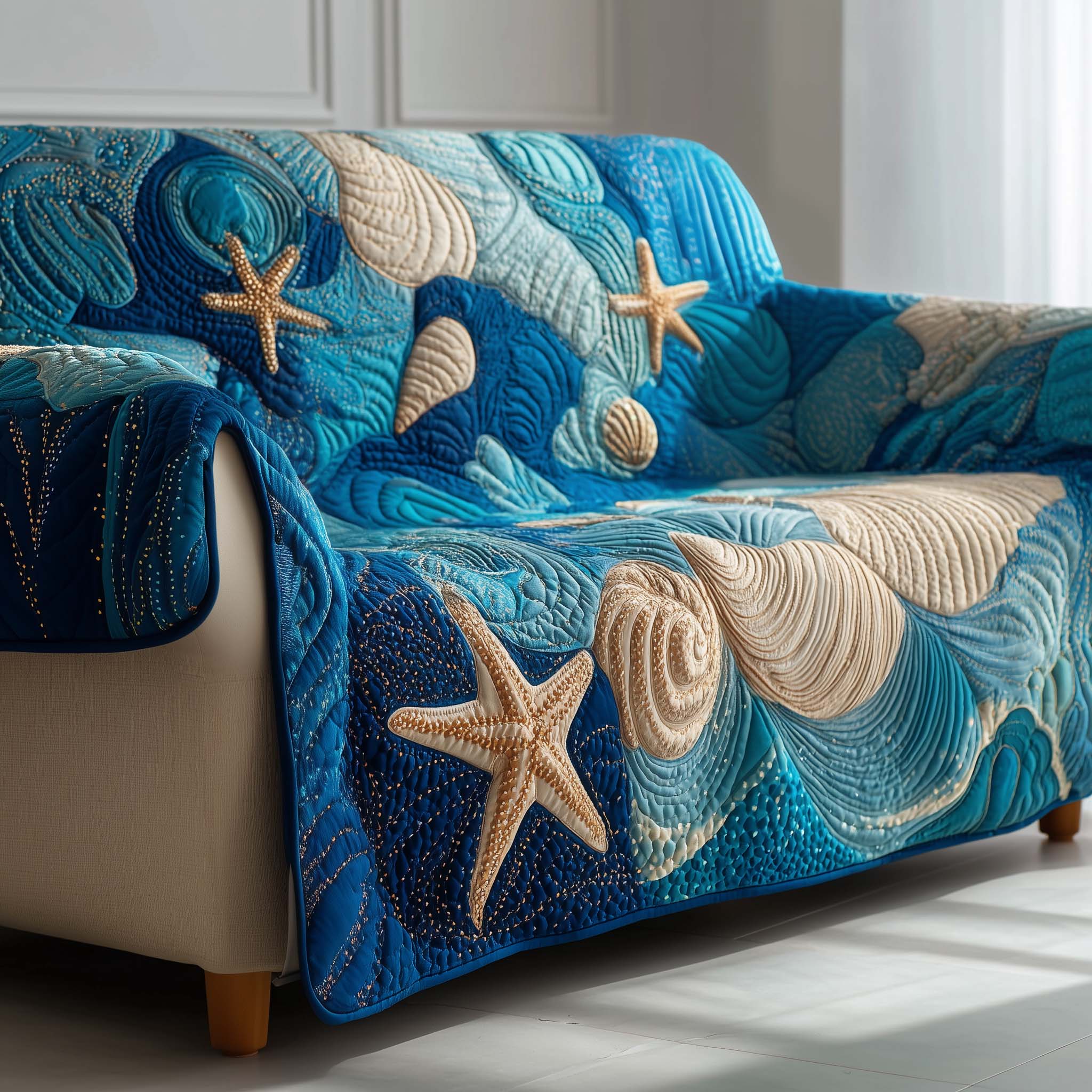 Ocean Whisper Quilted Sofa Cover Calm Coastal Breeze Sofa Protector Presents For Ocean Lovers