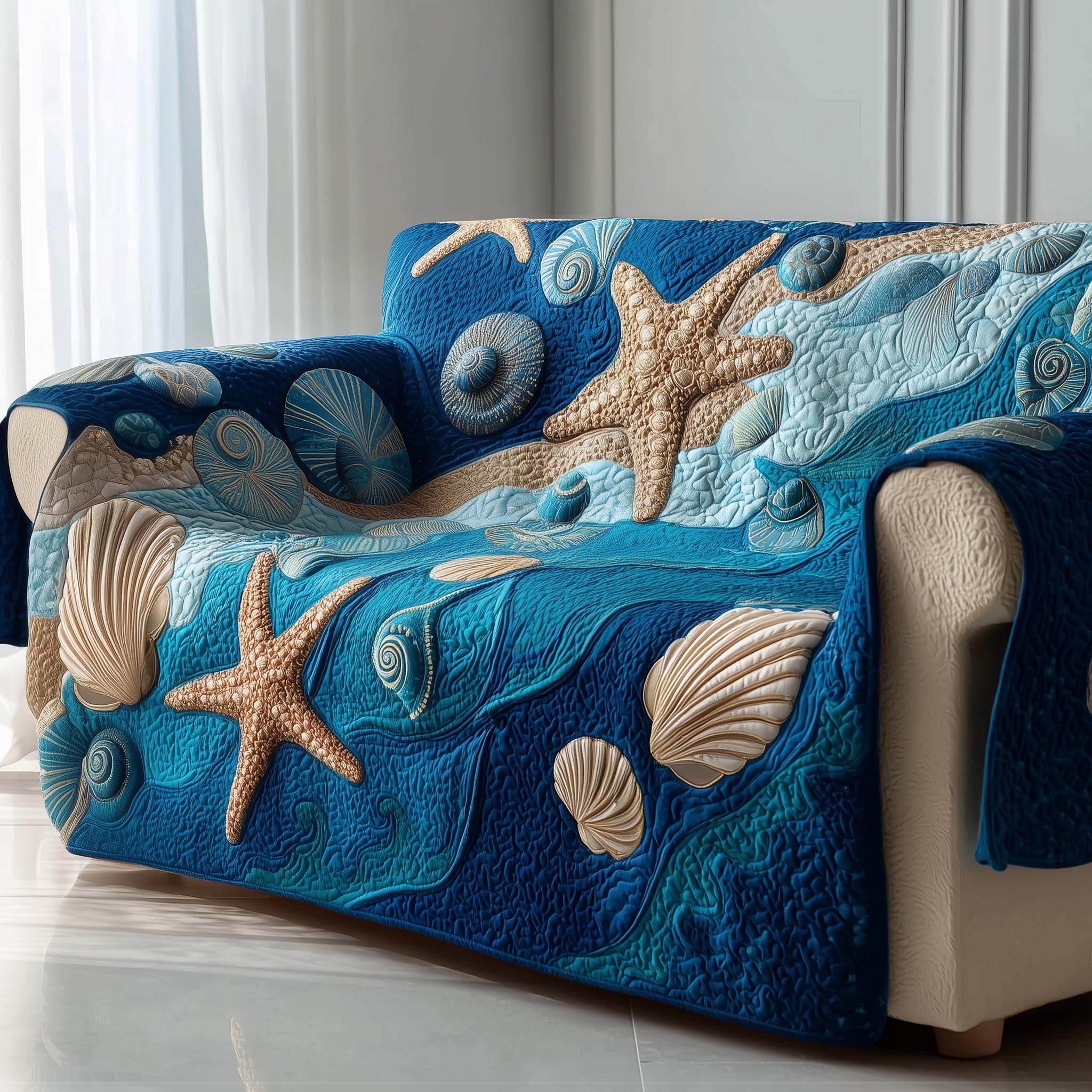 Ocean Whisper Quilted Sofa Cover Soothing Sea Current Motif Presents For Ocean Lovers