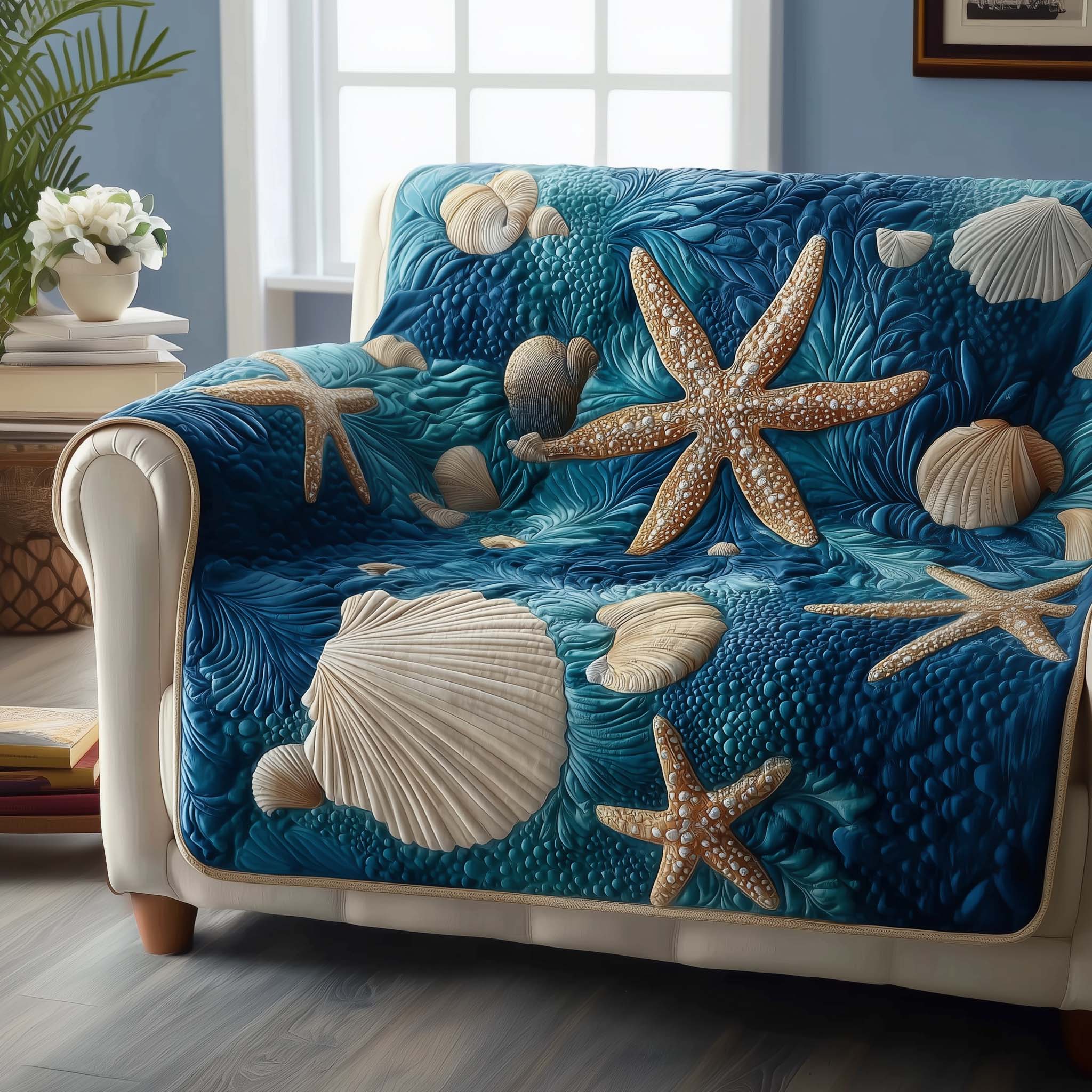 Ocean Whisper Quilted Sofa Cover Tranquil Deep Sea Wave Pattern Presents For Ocean Lovers