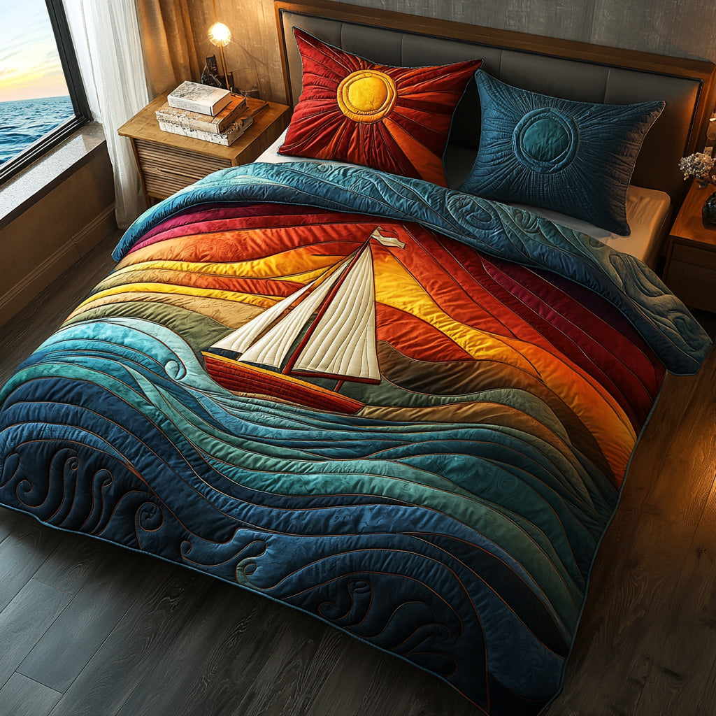 Ocean Whispers Quilted Bedding Set Best Bed Sheet Set Gifts For People With Sailboats