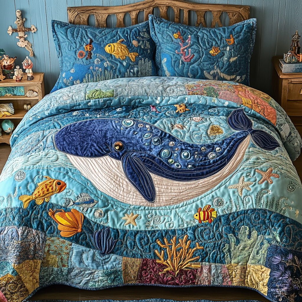 Ocean Whispers Quilted Bedding Set Cute Room Decor Cute Whale Themed Gifts