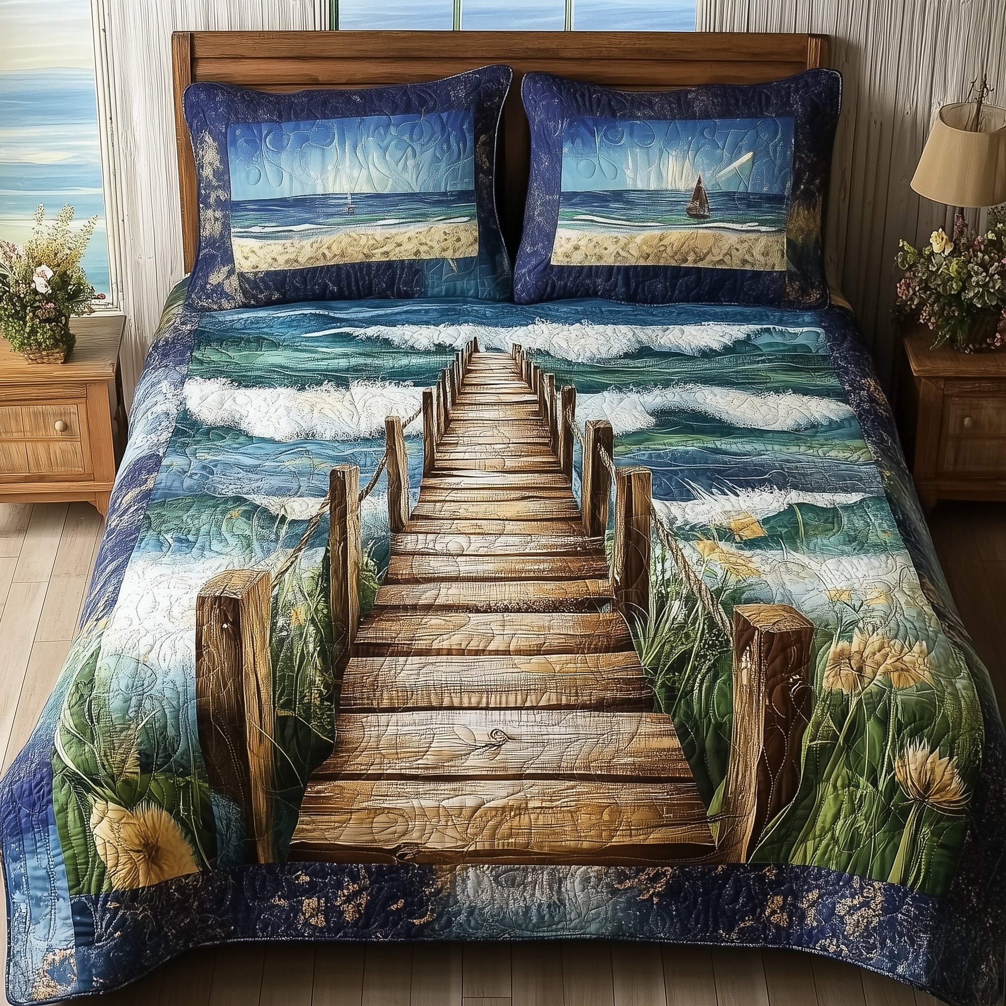 Ocean Wooden Dock Quilted Bedding Set Duvet Cover Bedspread Things To Get Your Wife For Christmas
