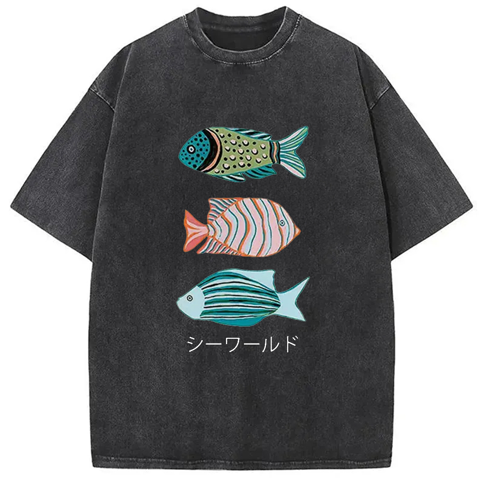 Ocean World Washed T-Shirt Retro Humor Graphic Top Gifts For BFF