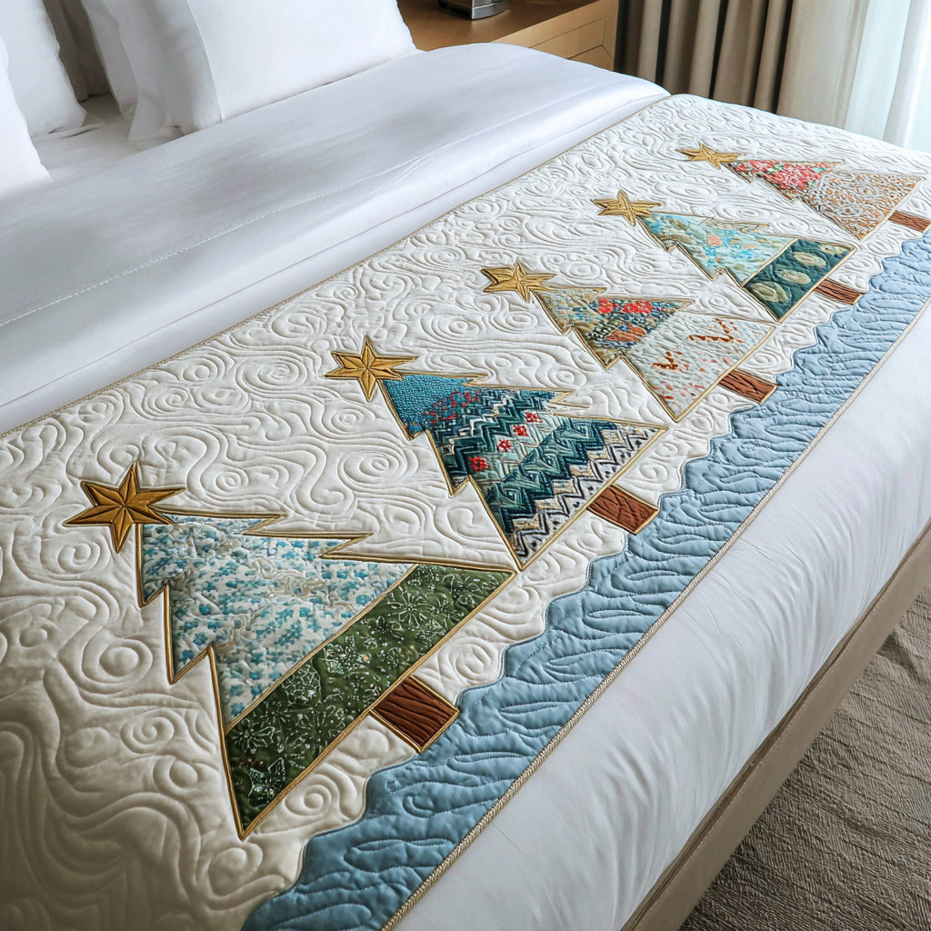 Oceanic Christmas Tree Quilted Bed Runner Christmas Bed Scarf Xmas Gifts For Family