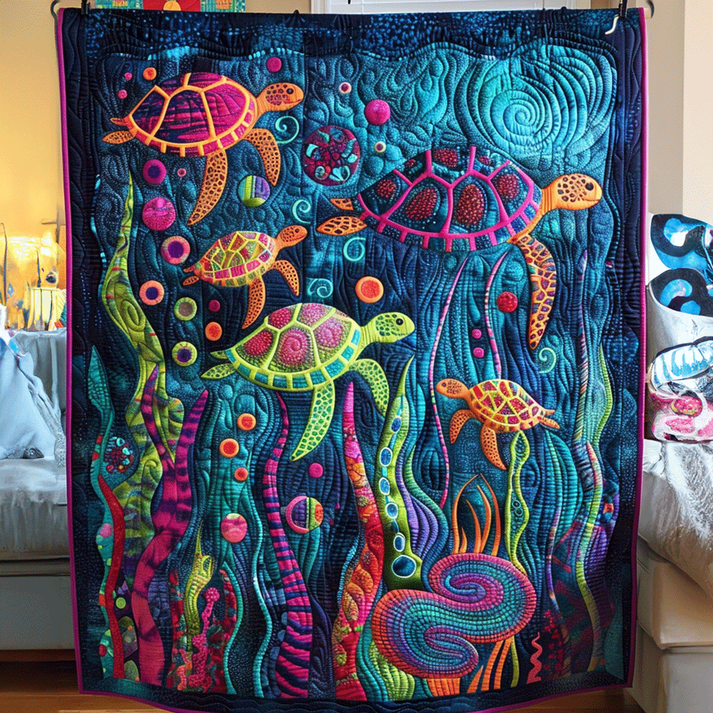 Oceanic Dream Quilted Blanket Unique Gifts For Turtle Lovers