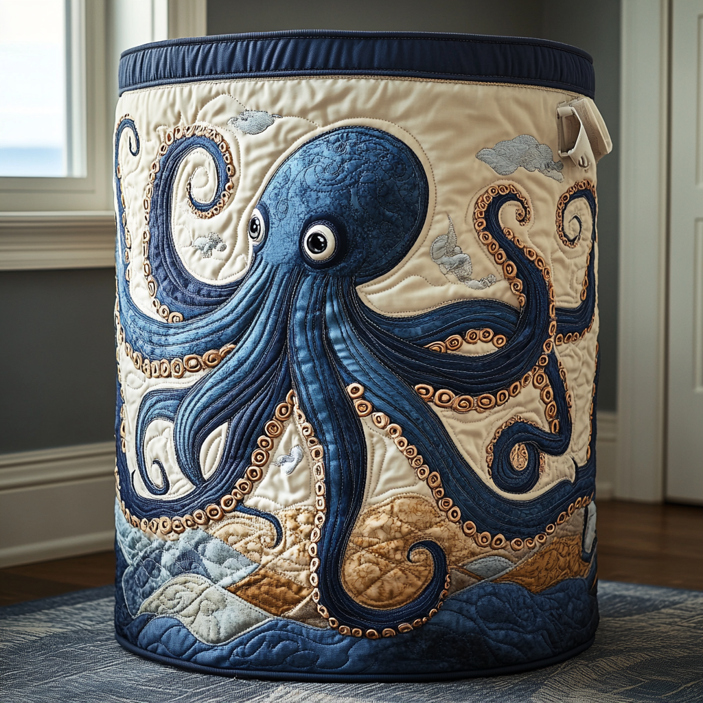 Oceanic Octopus Quilted Laundry Basket Luxury Quilted Laundry Basket for Elegant Interiors
