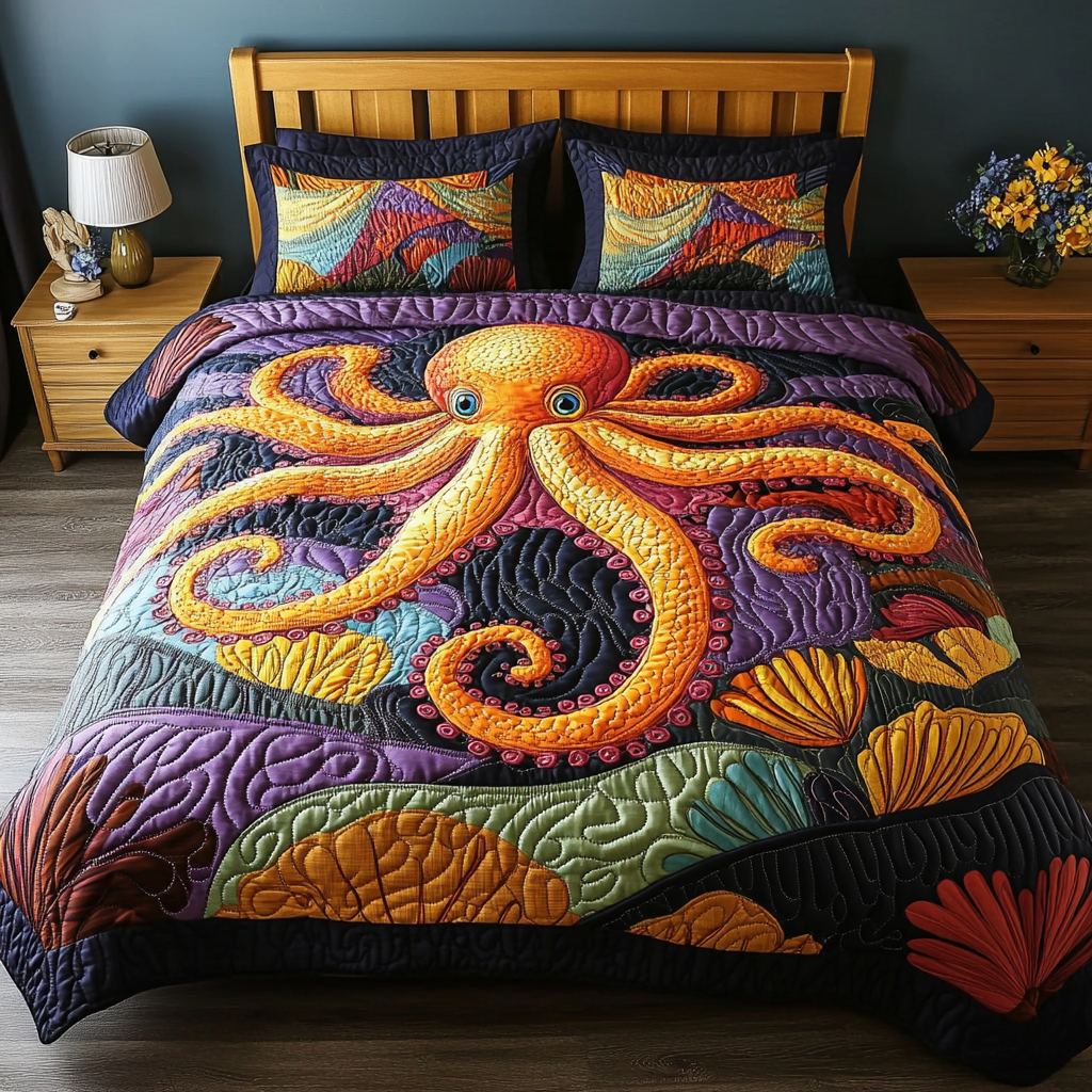 Oceanic Pulse Quilted Bedding Set Cute Room Decor Octopus Novelty Gifts