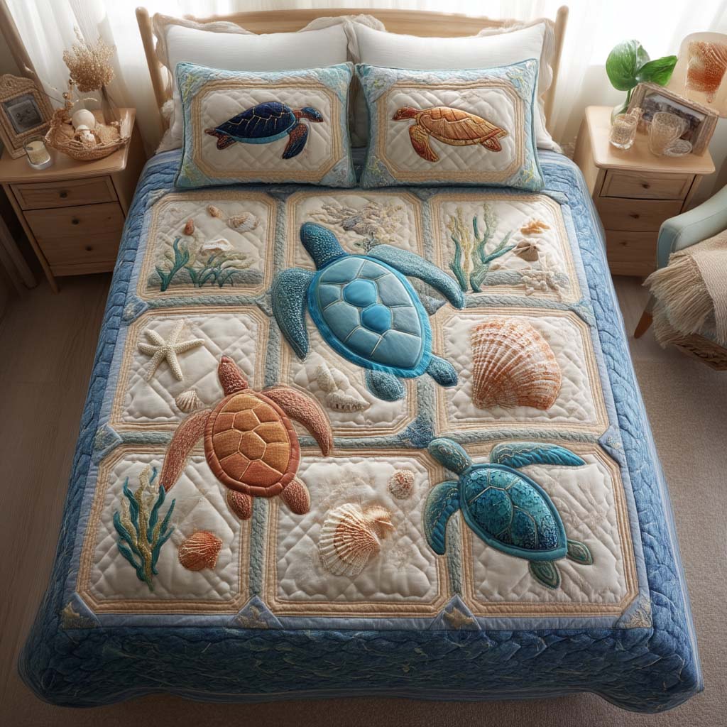 Ocean's Embrace Quilted Bedding Set Bed Room Decoration Christmas Gifts For Ocean Lovers
