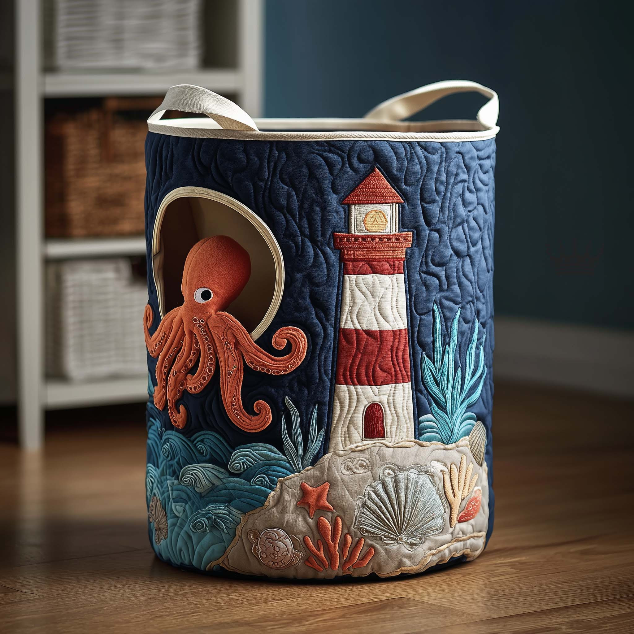 Octo Explorer Quilted Laundry Basket Housewarming Home Decor Gifts For Octopus Lovers