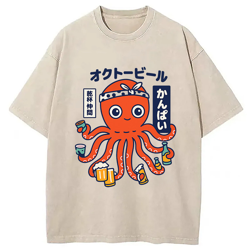 OctoBeer Japanese Washed T-Shirt Retro Humor Graphic Top Gifts For Him OctoBeer Japanese Washed T-Shirt Retro Humor Graphic Top Gifts For Him