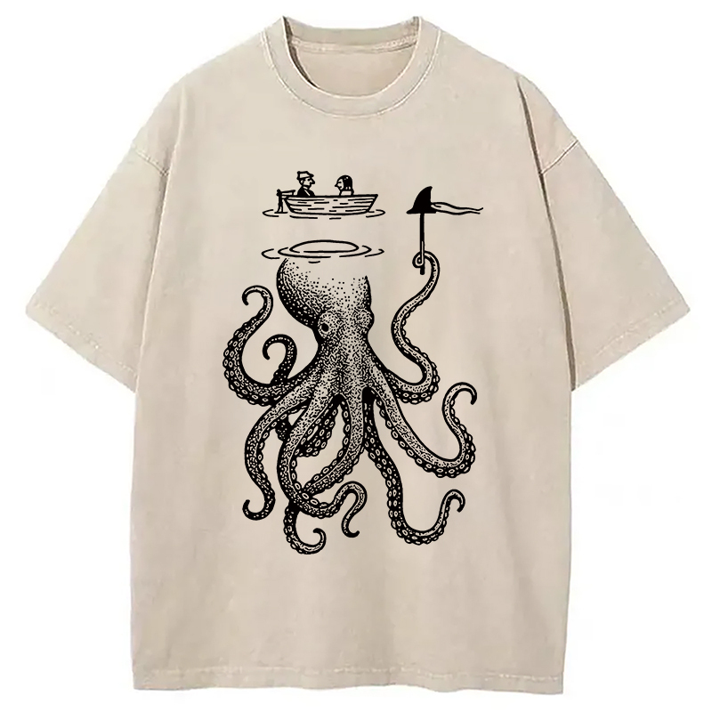 Octopus Disguised As Shark Washed T-Shirt Trendy Everyday Casual Outfit Gifts For Besties