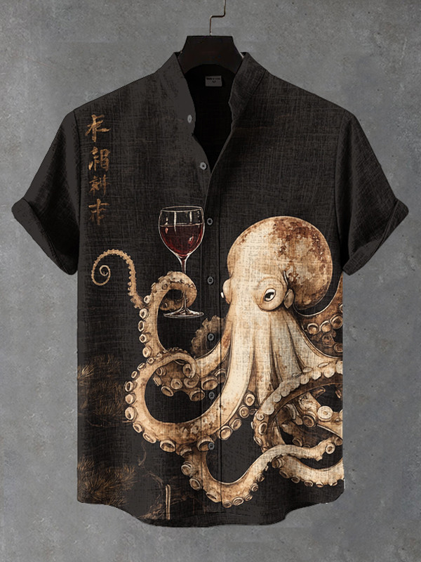 Octopus Drinking Red Wine Art Print Hawaiian Shirt Gifts For Octopus Lovers
